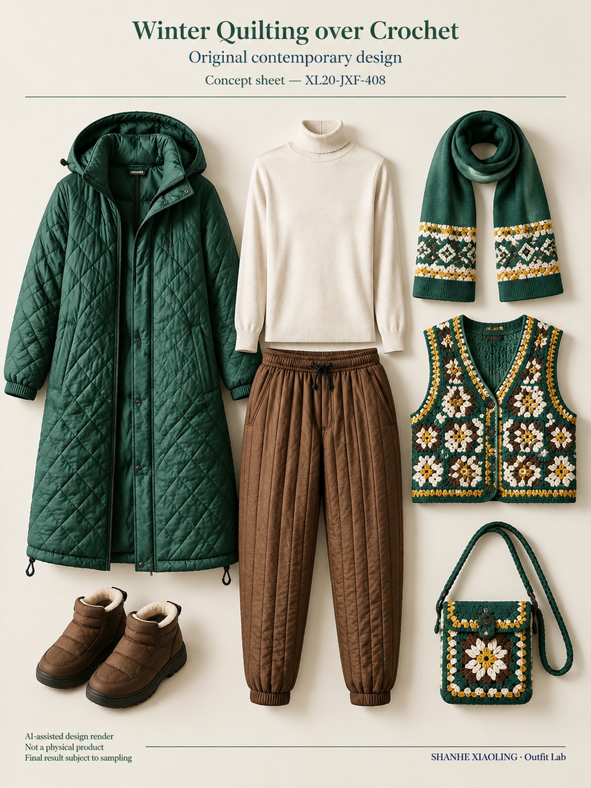 Winter Quilting over Crochet — Woven · Quilted · Mixed — Cotton-linen · Wool · Twill · Quilted cotton · Wadding · Yarn + cloth