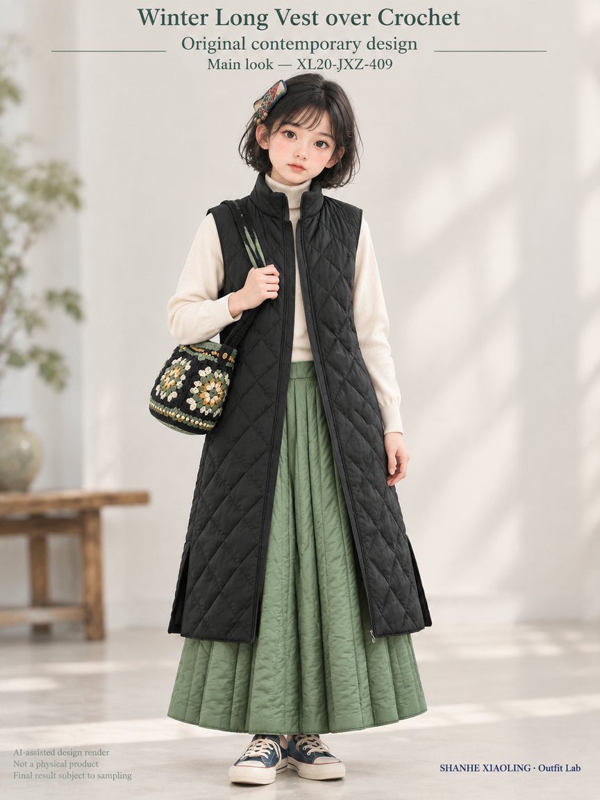 Winter Long Vest over Crochet — Woven · Embroidery · Quilted — Cotton-linen · Wool · Twill · Quilted cotton · Wadding · Embroidery thread · ground cloth
