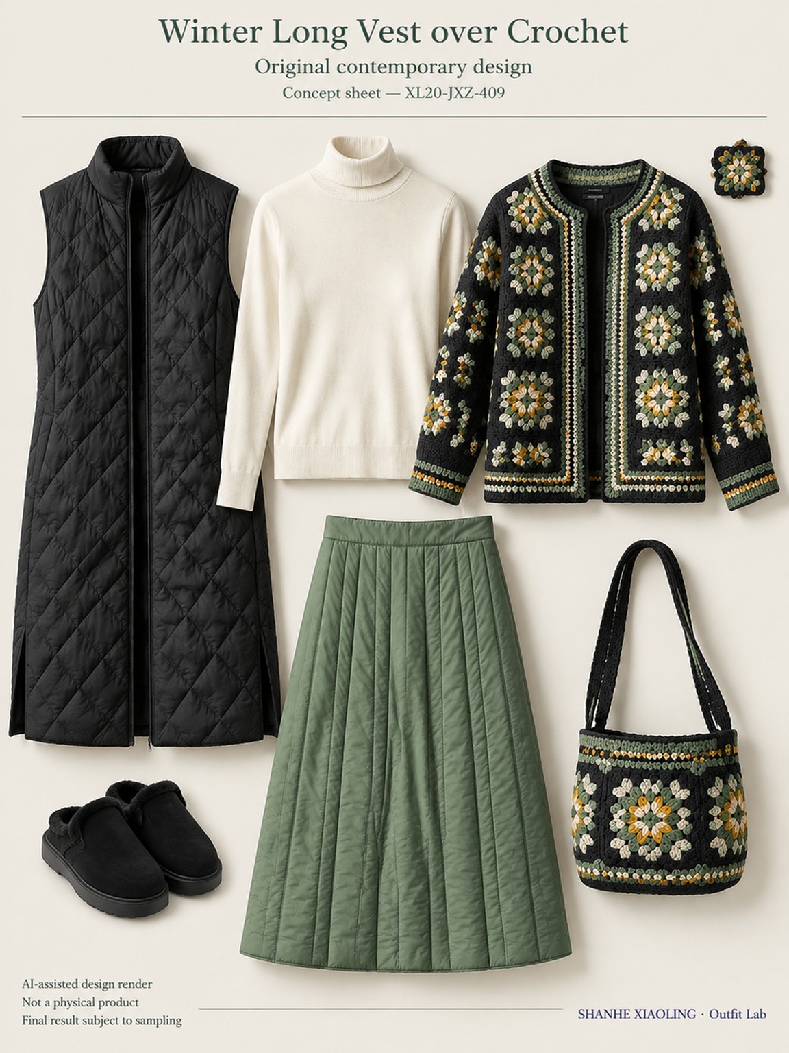 Winter Long Vest over Crochet — Woven · Embroidery · Quilted — Cotton-linen · Wool · Twill · Quilted cotton · Wadding · Embroidery thread · ground cloth