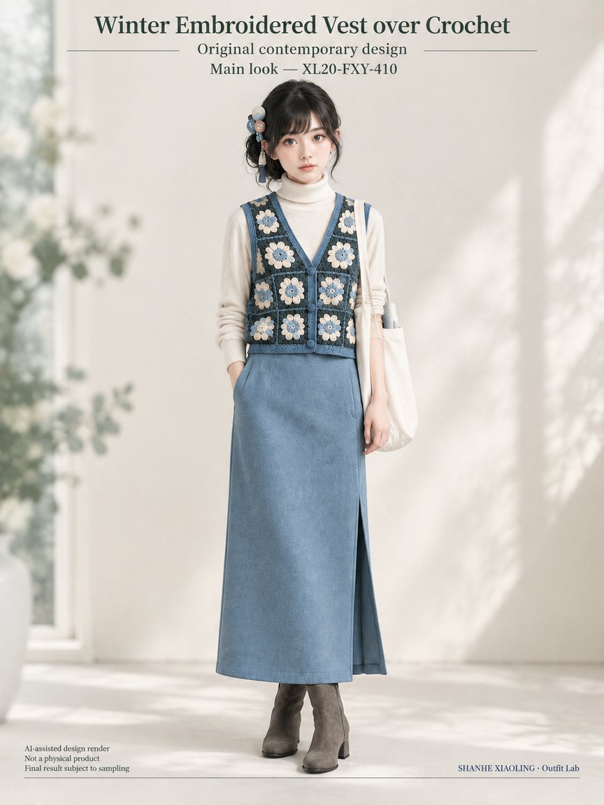 Winter Embroidered Vest over Crochet — Woven · Embroidery — Cotton-linen · Wool · Twill · Embroidery thread · ground cloth