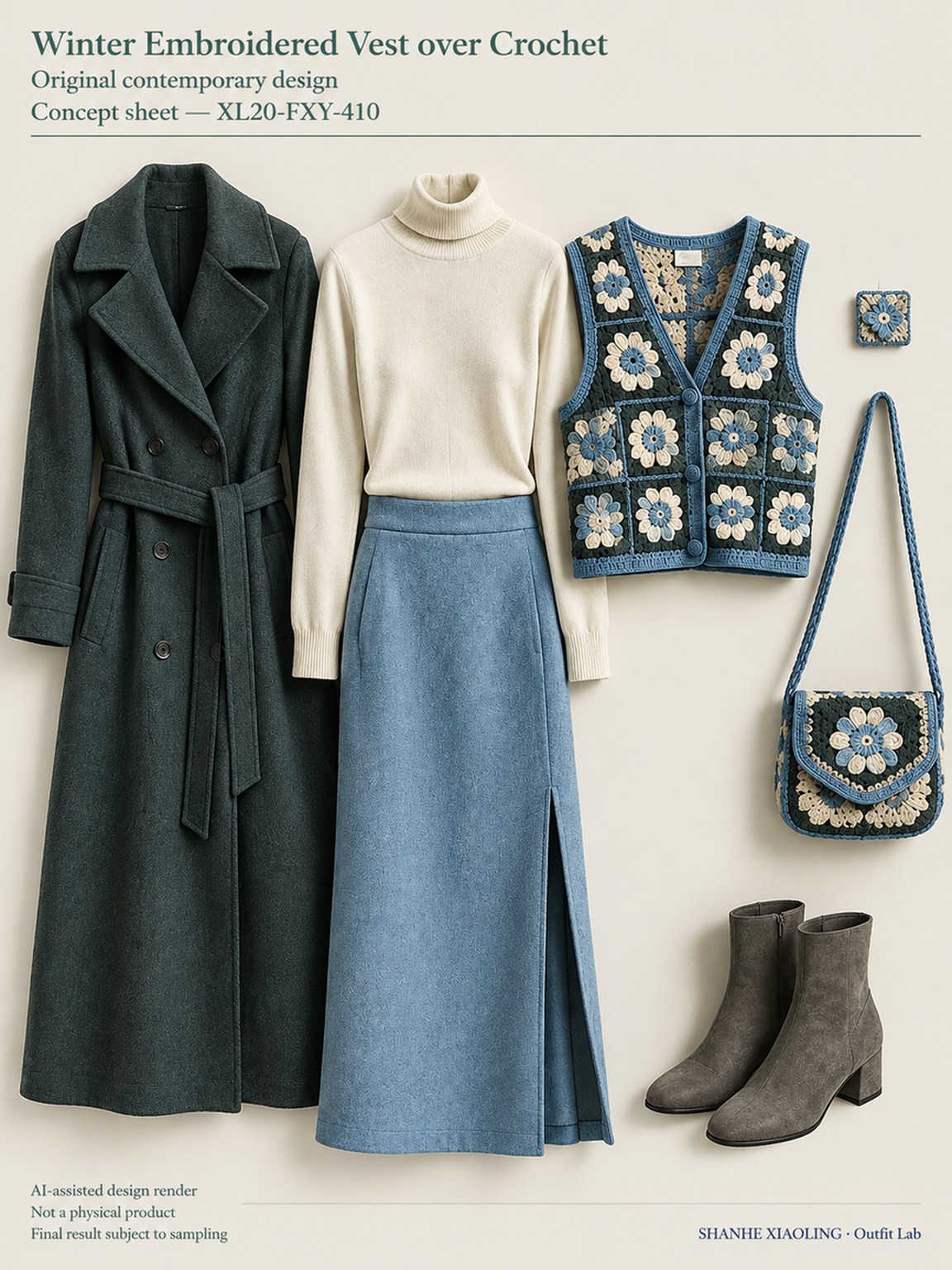 Winter Embroidered Vest over Crochet — Woven · Embroidery — Cotton-linen · Wool · Twill · Embroidery thread · ground cloth