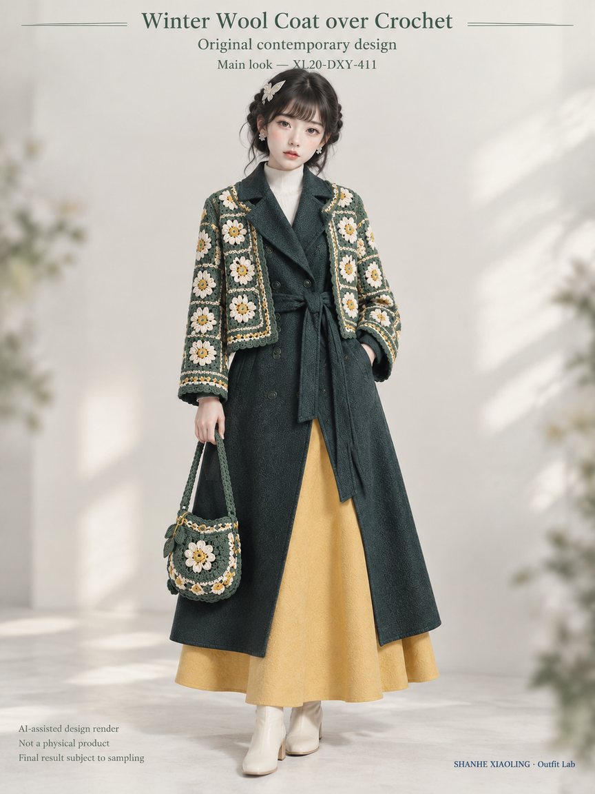 Winter Wool Coat over Crochet — Woven · Mixed — Cotton-linen · Wool · Twill · Yarn + cloth