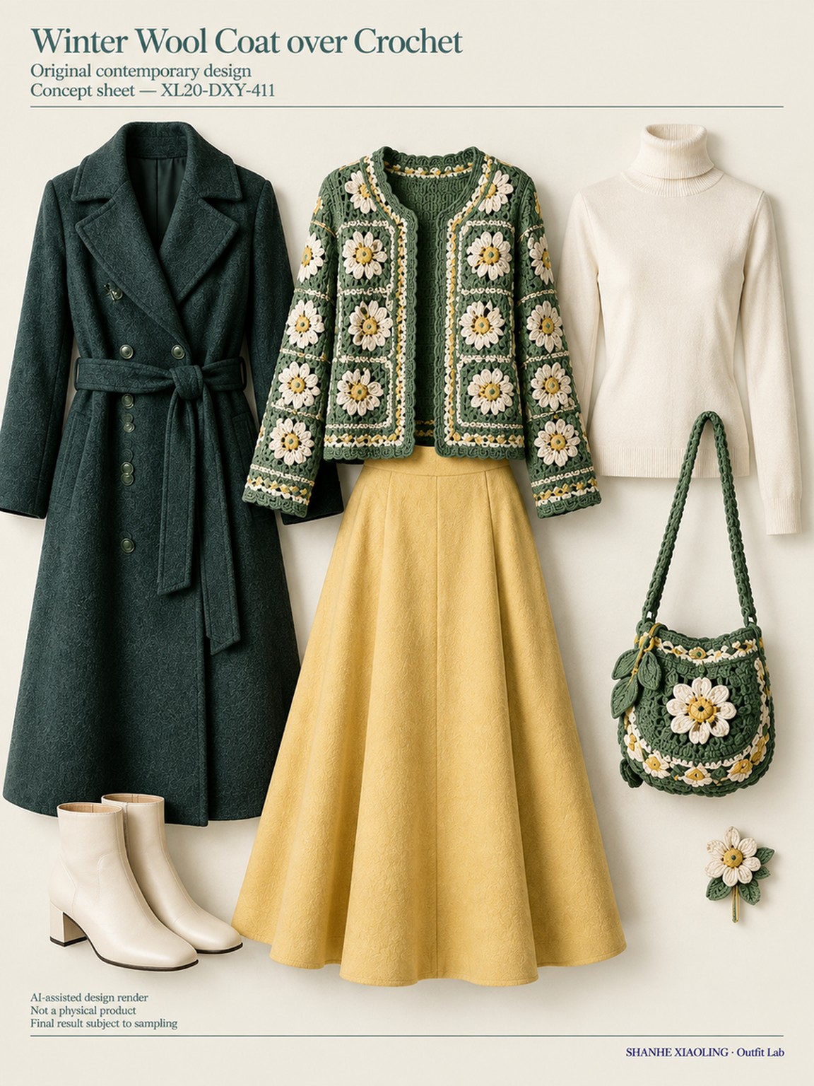 Winter Wool Coat over Crochet — Woven · Mixed — Cotton-linen · Wool · Twill · Yarn + cloth