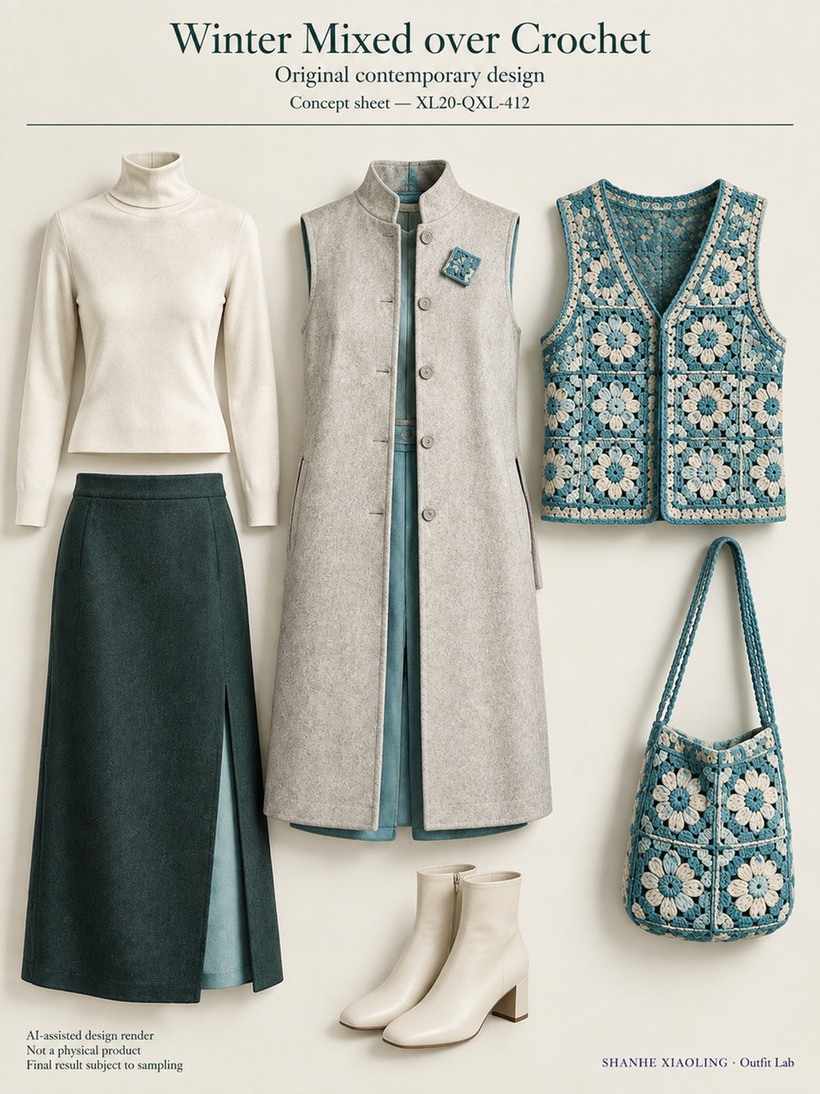 Winter Mixed over Crochet — Woven · Embroidery · Mixed — Cotton-linen · Wool · Twill · Yarn + cloth · Embroidery thread · ground cloth