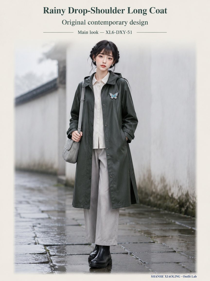 Rainy Drop-Shoulder Long Coat — Woven · Embroidery · Quilted — Cotton-linen · Wool · Twill · Embroidery thread · ground cloth · Quilted cotton · Wadding