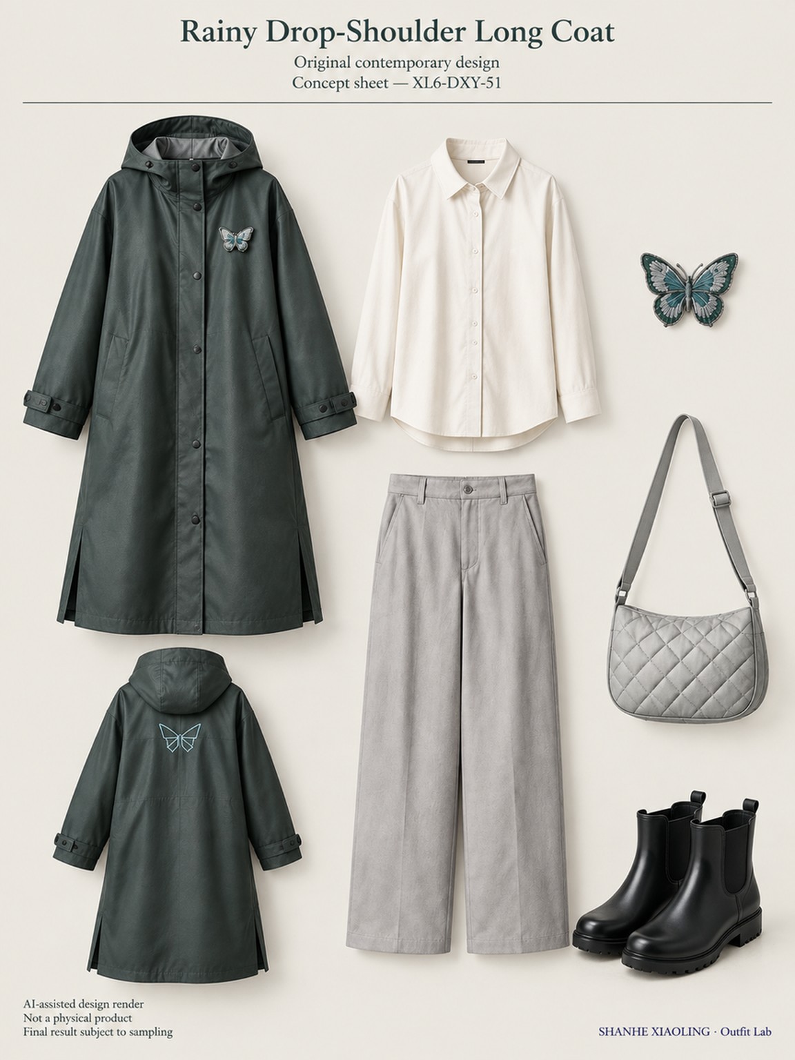 Rainy Drop-Shoulder Long Coat — Woven · Embroidery · Quilted — Cotton-linen · Wool · Twill · Embroidery thread · ground cloth · Quilted cotton · Wadding