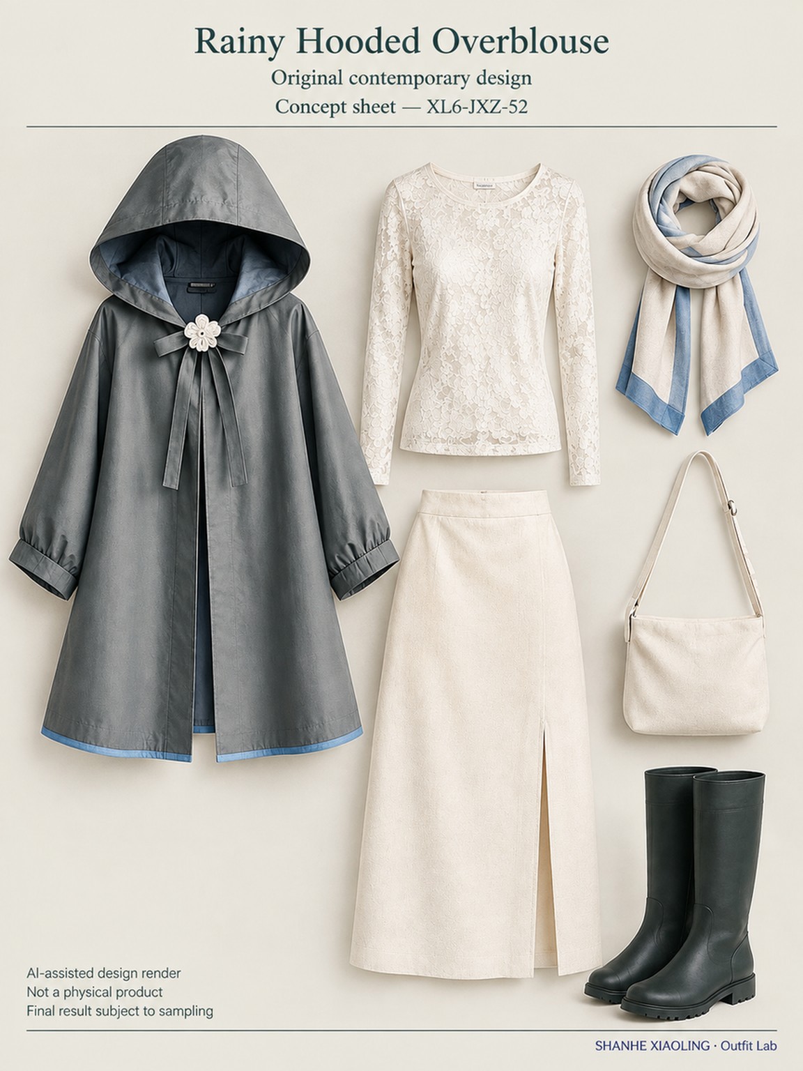 Rainy Hooded Overblouse — Woven · Lace/Gauze · Mixed — Cotton-linen · Wool · Twill · Lace · Gauze · Yarn + cloth