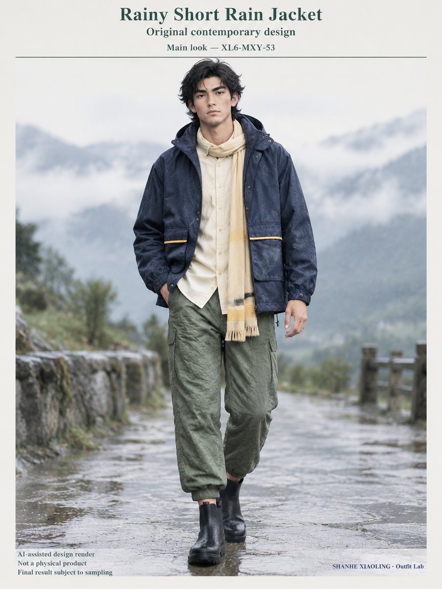 Rainy Short Rain Jacket — Woven · Quilted · Mixed — Cotton-linen · Wool · Twill · Quilted cotton · Wadding · Yarn + cloth
