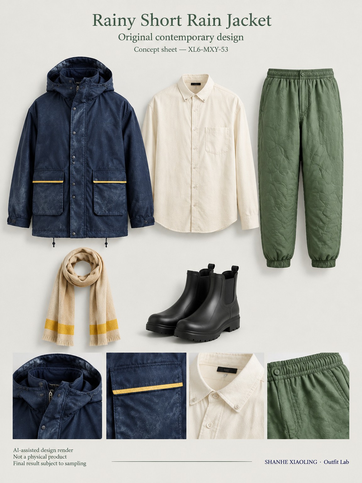 Rainy Short Rain Jacket — Woven · Quilted · Mixed — Cotton-linen · Wool · Twill · Quilted cotton · Wadding · Yarn + cloth