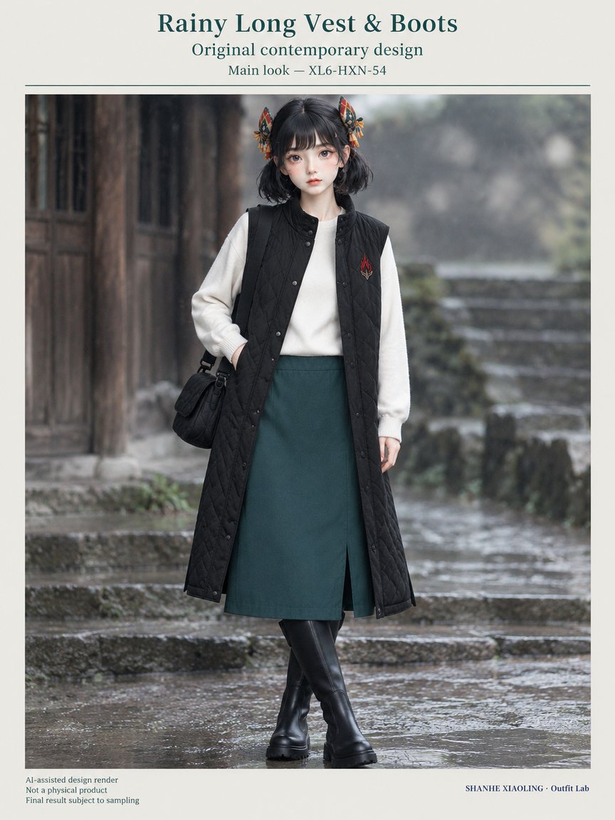 Rainy Long Vest & Boots — Woven · Embroidery · Quilted · Mixed — Quilted cotton · Wadding · Cotton-linen · Wool · Twill · Yarn + cloth · Embroidery thread · ground cloth