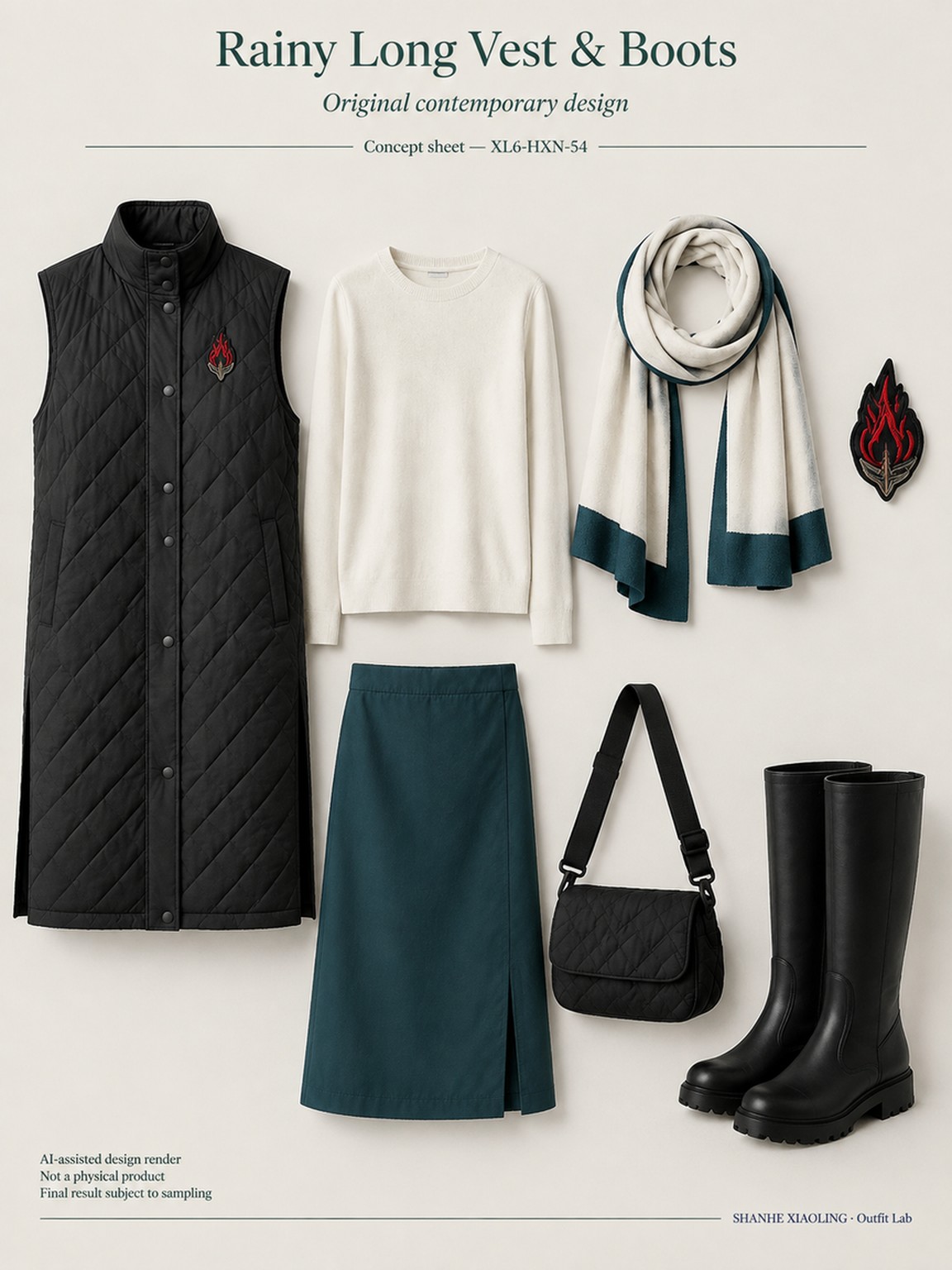 Rainy Long Vest & Boots — Woven · Embroidery · Quilted · Mixed — Quilted cotton · Wadding · Cotton-linen · Wool · Twill · Yarn + cloth · Embroidery thread · ground cloth