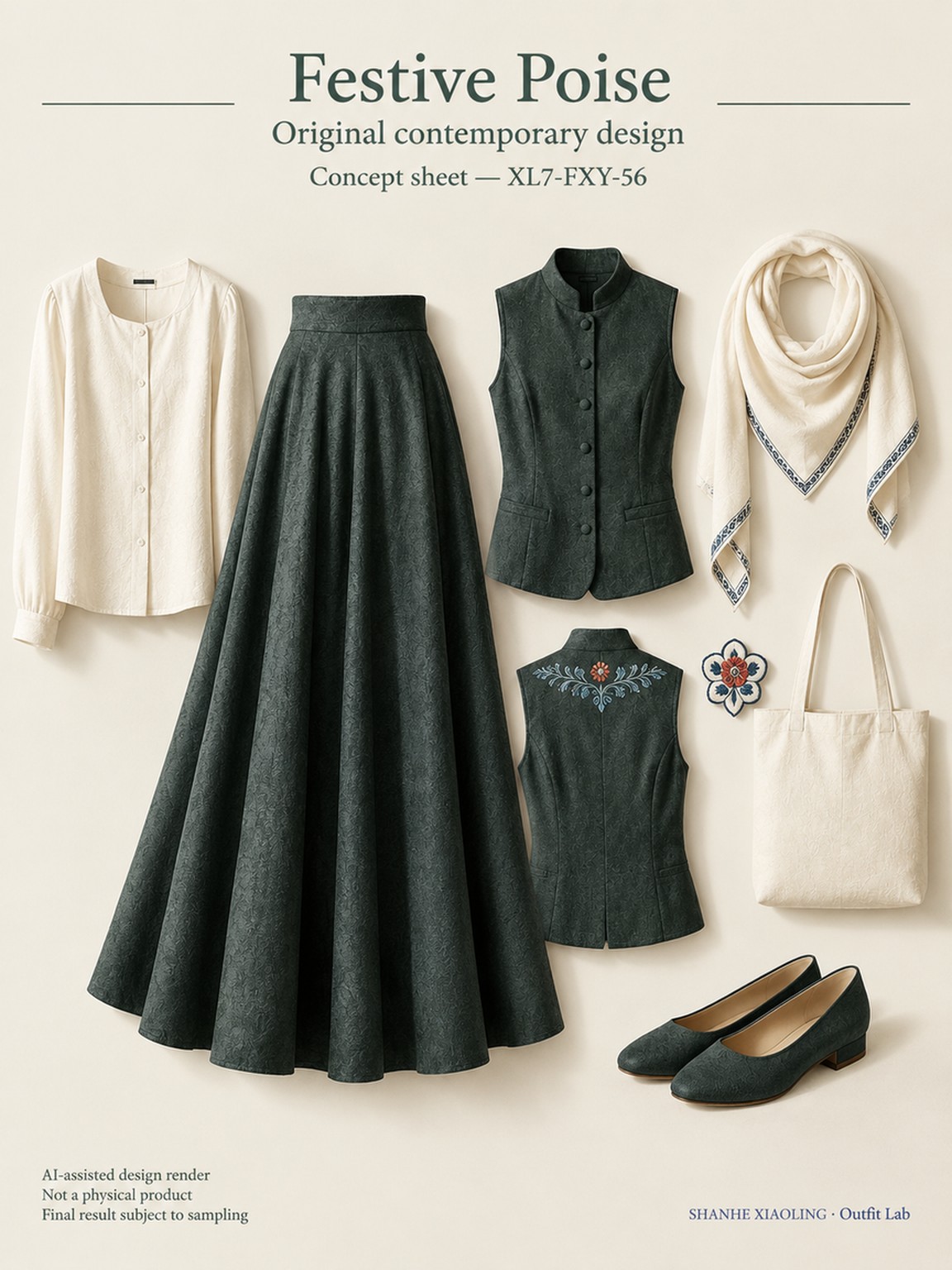 Festive Poise — Woven · Embroidery — Cotton-linen · Wool · Twill · Embroidery thread · ground cloth