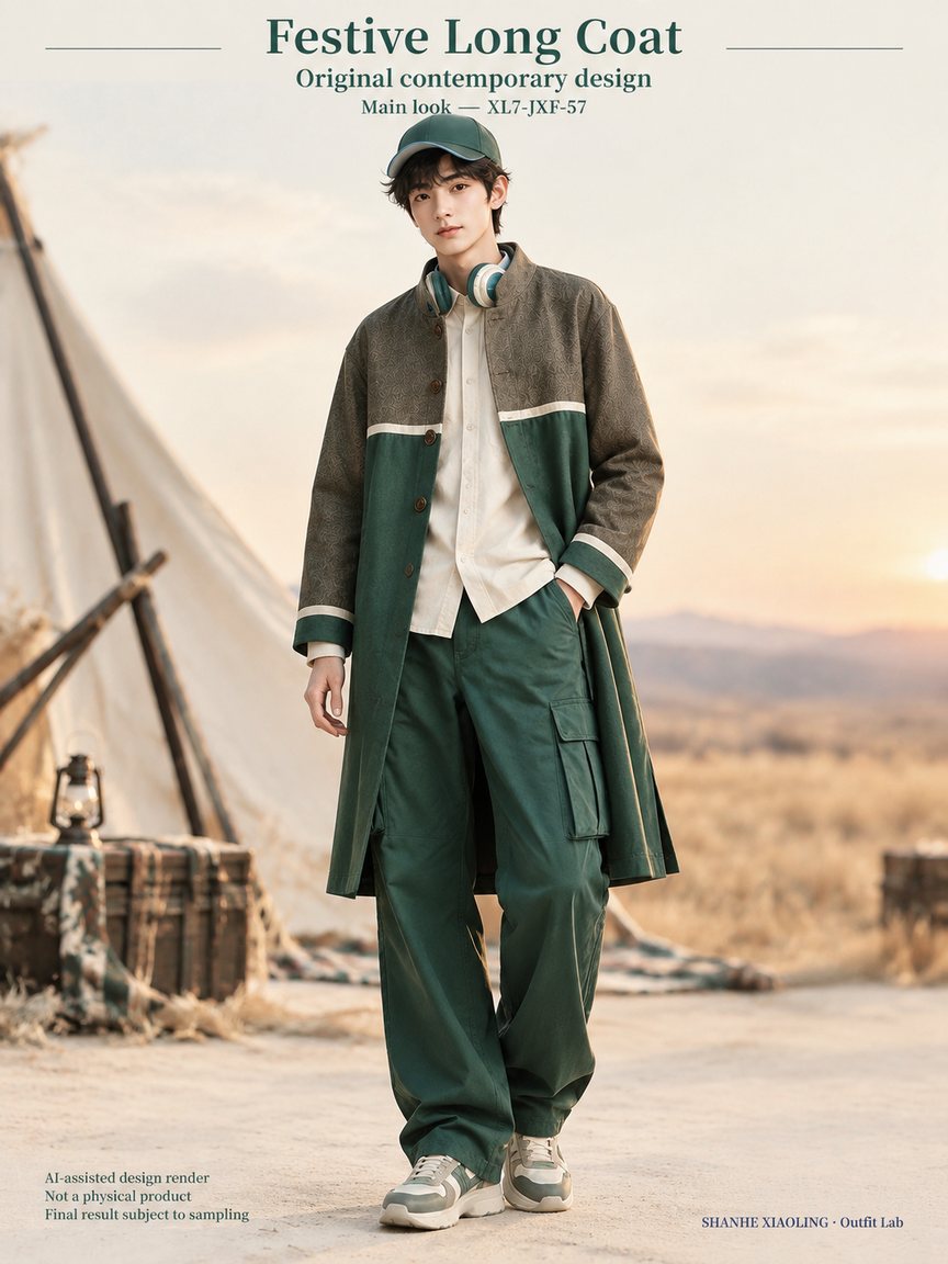 Festive Long Coat — Woven · Mixed — Cotton-linen · Wool · Twill · Yarn + cloth