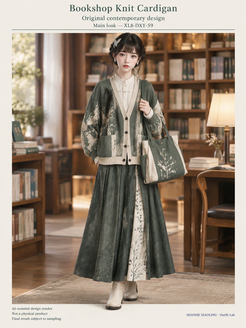 Bookshop Knit Cardigan — Woven · Embroidery · Quilted · Mixed — Cotton-linen · Wool · Twill · Yarn + cloth · Embroidery thread · ground cloth · Quilted cotton · Wadding
