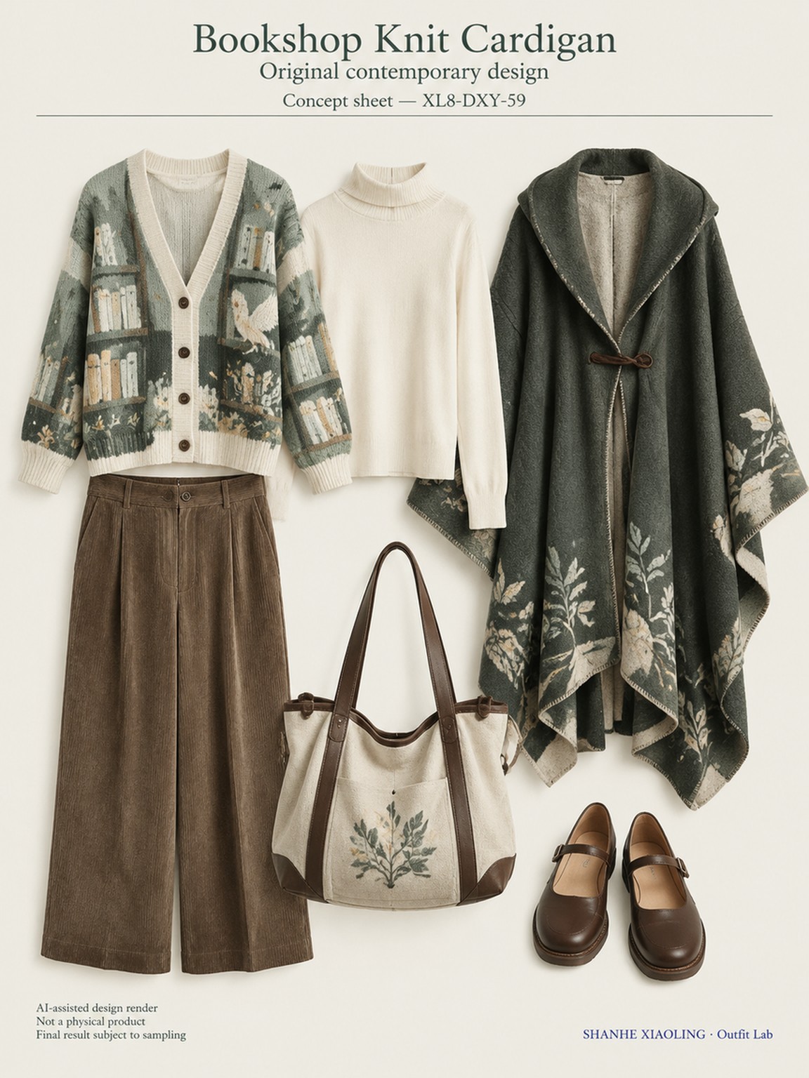 Bookshop Knit Cardigan — Woven · Embroidery · Quilted · Mixed — Cotton-linen · Wool · Twill · Yarn + cloth · Embroidery thread · ground cloth · Quilted cotton · Wadding