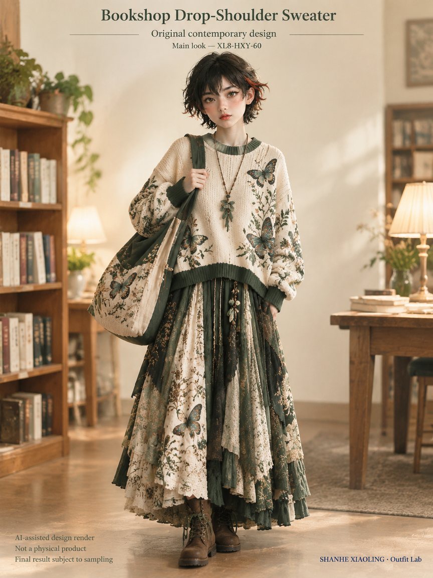 Bookshop Drop-Shoulder Sweater — Woven · Embroidery — Cotton-linen · Wool · Twill · Embroidery thread · ground cloth