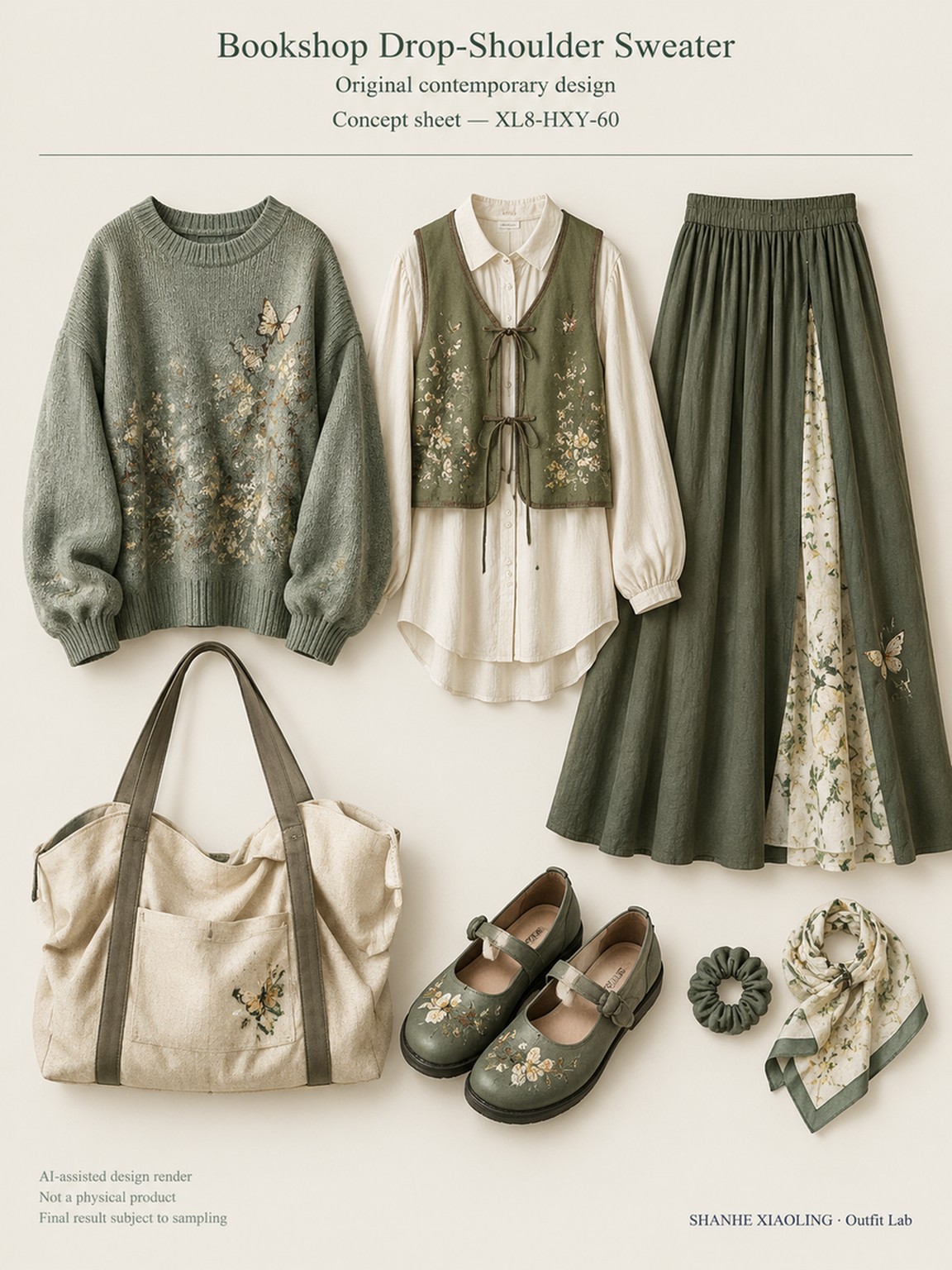 Bookshop Drop-Shoulder Sweater — Woven · Embroidery — Cotton-linen · Wool · Twill · Embroidery thread · ground cloth