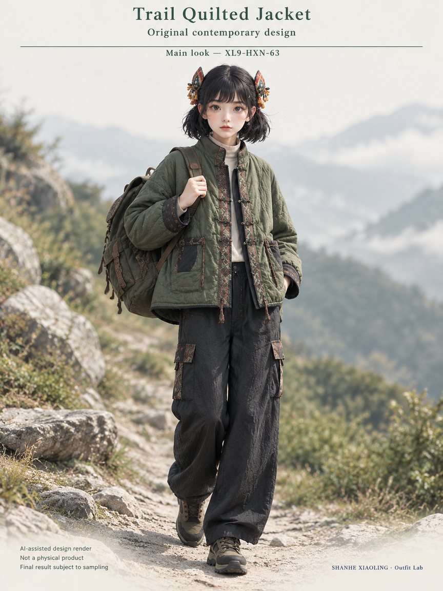 Trail Quilted Jacket — Woven · Embroidery · Quilted · Mixed — Quilted cotton · Wadding · Cotton-linen · Wool · Twill · Yarn + cloth · Embroidery thread · ground cloth
