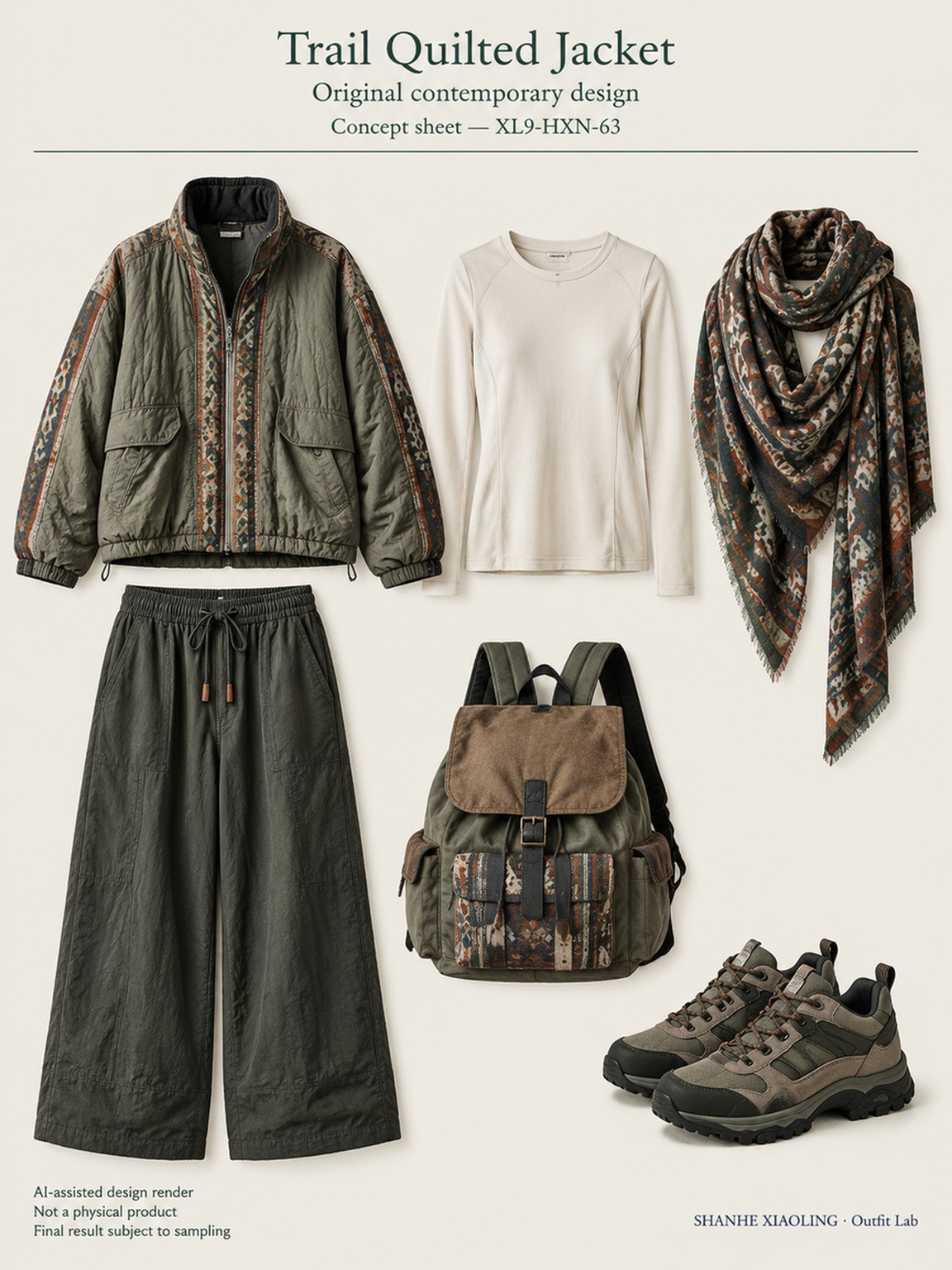 Trail Quilted Jacket — Woven · Embroidery · Quilted · Mixed — Quilted cotton · Wadding · Cotton-linen · Wool · Twill · Yarn + cloth · Embroidery thread · ground cloth