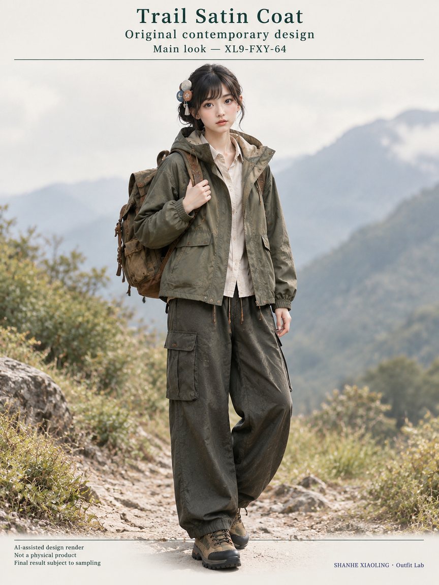 Trail Satin Coat — Woven · Embroidery · Quilted · Mixed — Cotton-linen · Wool · Twill · Yarn + cloth · Embroidery thread · ground cloth · Quilted cotton · Wadding
