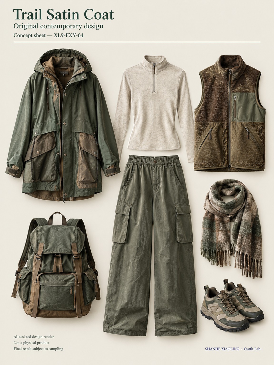 Trail Satin Coat — Woven · Embroidery · Quilted · Mixed — Cotton-linen · Wool · Twill · Yarn + cloth · Embroidery thread · ground cloth · Quilted cotton · Wadding