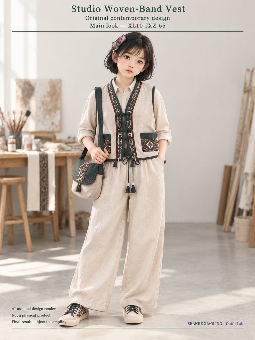 Studio Woven-Band Vest — Woven · Embroidery · Mixed — Yarn + cloth · Cotton-linen · Wool · Twill · Embroidery thread · ground cloth