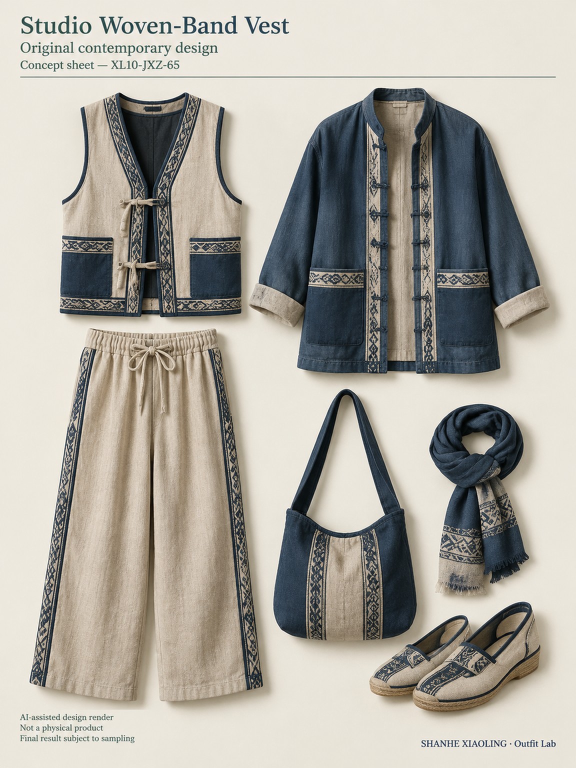 Studio Woven-Band Vest — Woven · Embroidery · Mixed — Yarn + cloth · Cotton-linen · Wool · Twill · Embroidery thread · ground cloth