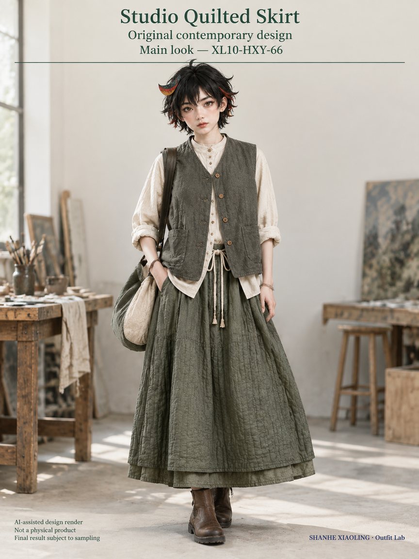 Studio Quilted Skirt — Woven · Quilted · Mixed — Cotton-linen · Wool · Twill · Quilted cotton · Wadding · Yarn + cloth