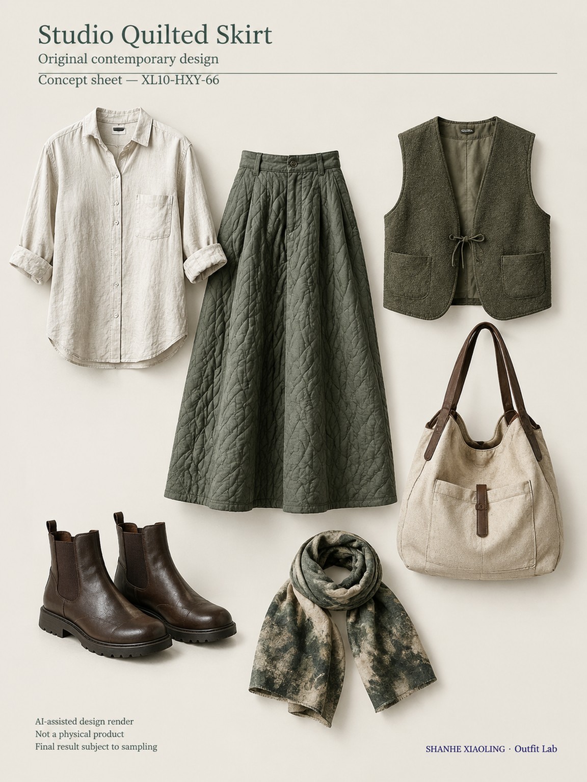 Studio Quilted Skirt — Woven · Quilted · Mixed — Cotton-linen · Wool · Twill · Quilted cotton · Wadding · Yarn + cloth