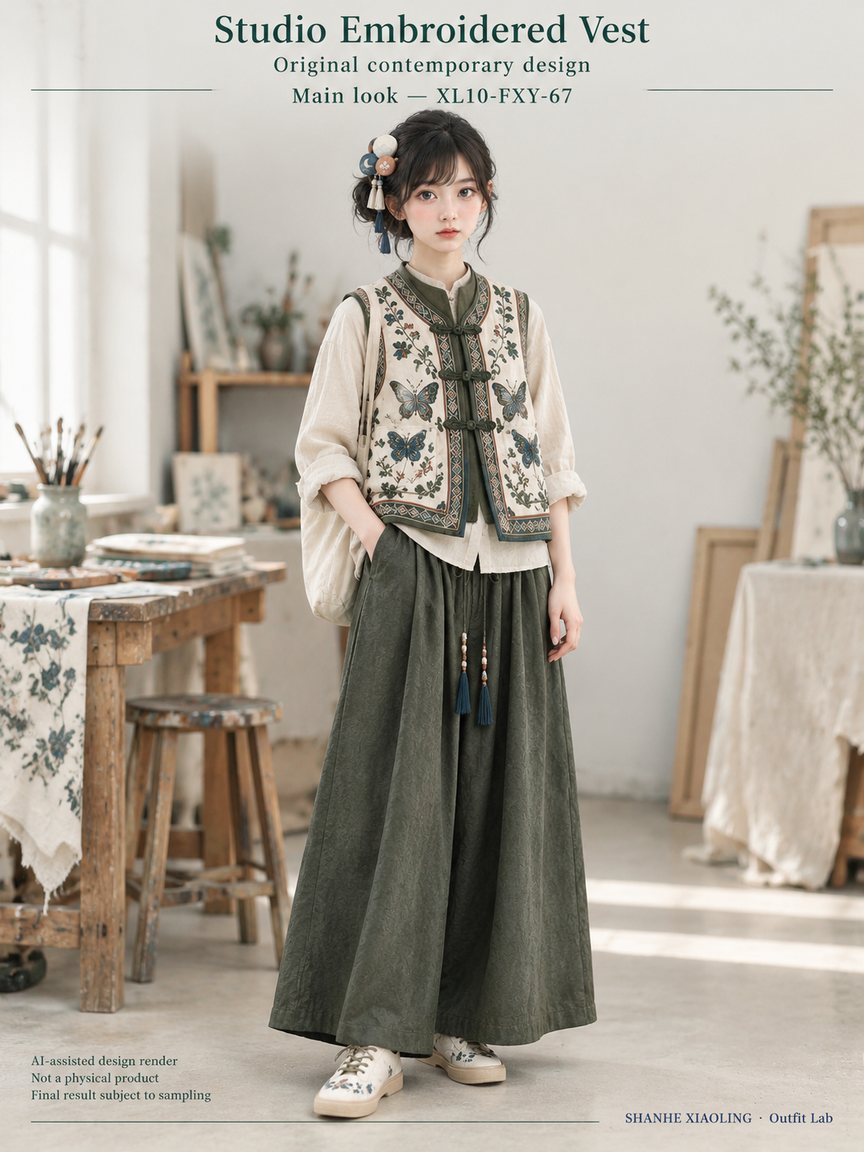 Studio Embroidered Vest — Woven · Embroidery · Mixed — Embroidery thread · ground cloth · Cotton-linen · Wool · Twill · Yarn + cloth