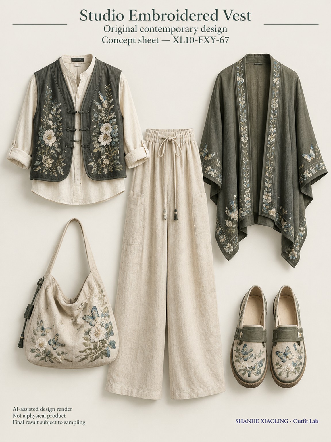 Studio Embroidered Vest — Woven · Embroidery · Mixed — Embroidery thread · ground cloth · Cotton-linen · Wool · Twill · Yarn + cloth