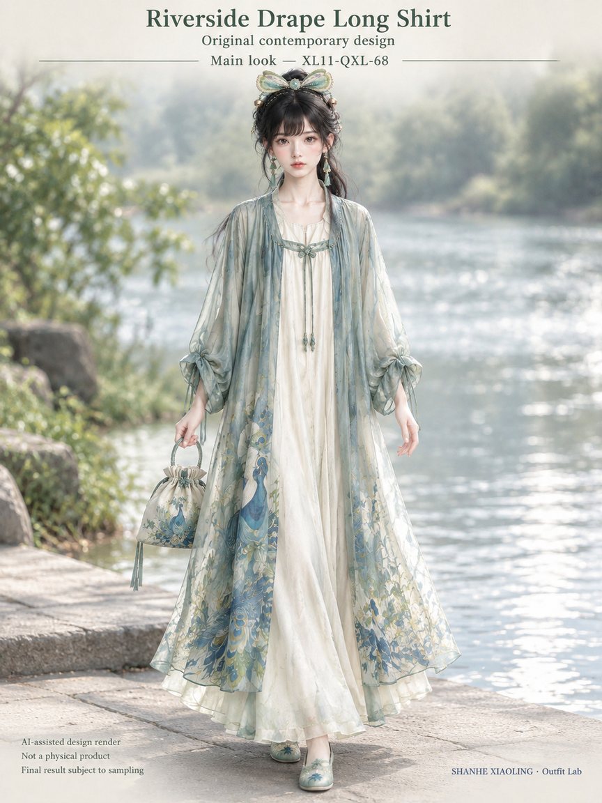 Riverside Drape Long Shirt — Woven · Embroidery · Mixed — Cotton-linen · Wool · Twill · Yarn + cloth · Embroidery thread · ground cloth