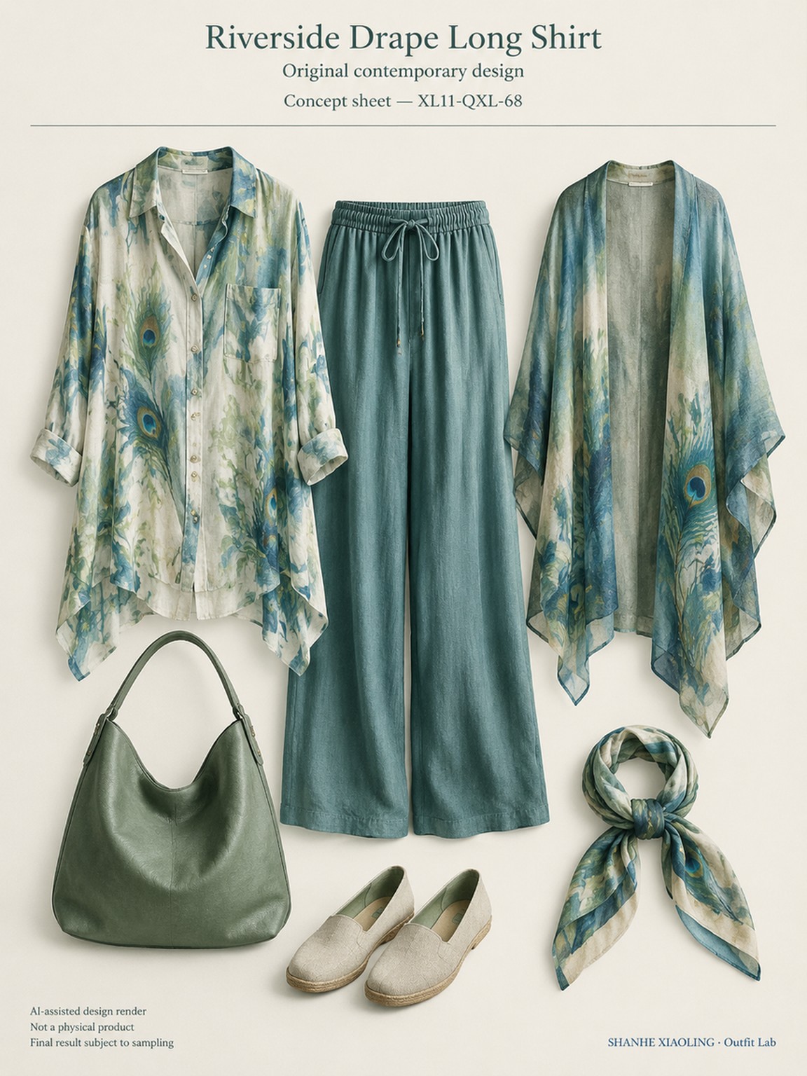 Riverside Drape Long Shirt — Woven · Embroidery · Mixed — Cotton-linen · Wool · Twill · Yarn + cloth · Embroidery thread · ground cloth
