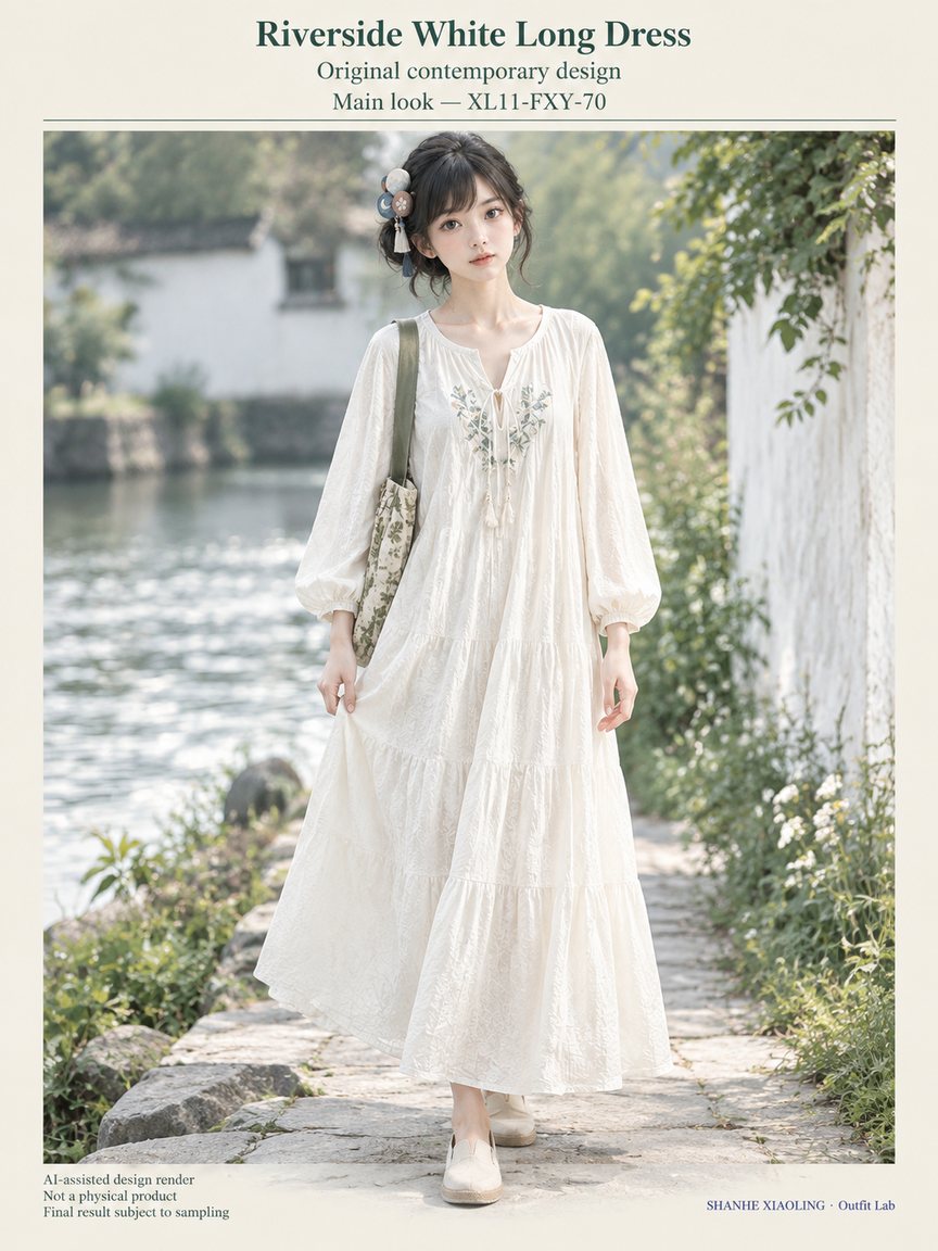 Riverside White Long Dress — Woven · Lace/Gauze — Lace · Gauze · Cotton-linen · Wool · Twill