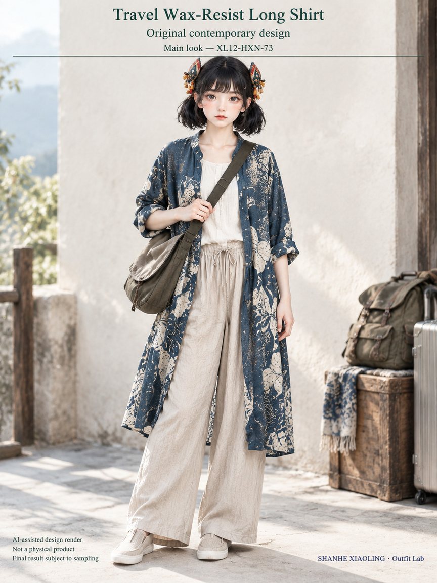 Travel Wax-Resist Long Shirt — Woven · Embroidery · Quilted · Mixed — Embroidery thread · ground cloth · Cotton-linen · Wool · Twill · Yarn + cloth · Quilted cotton · Wadding