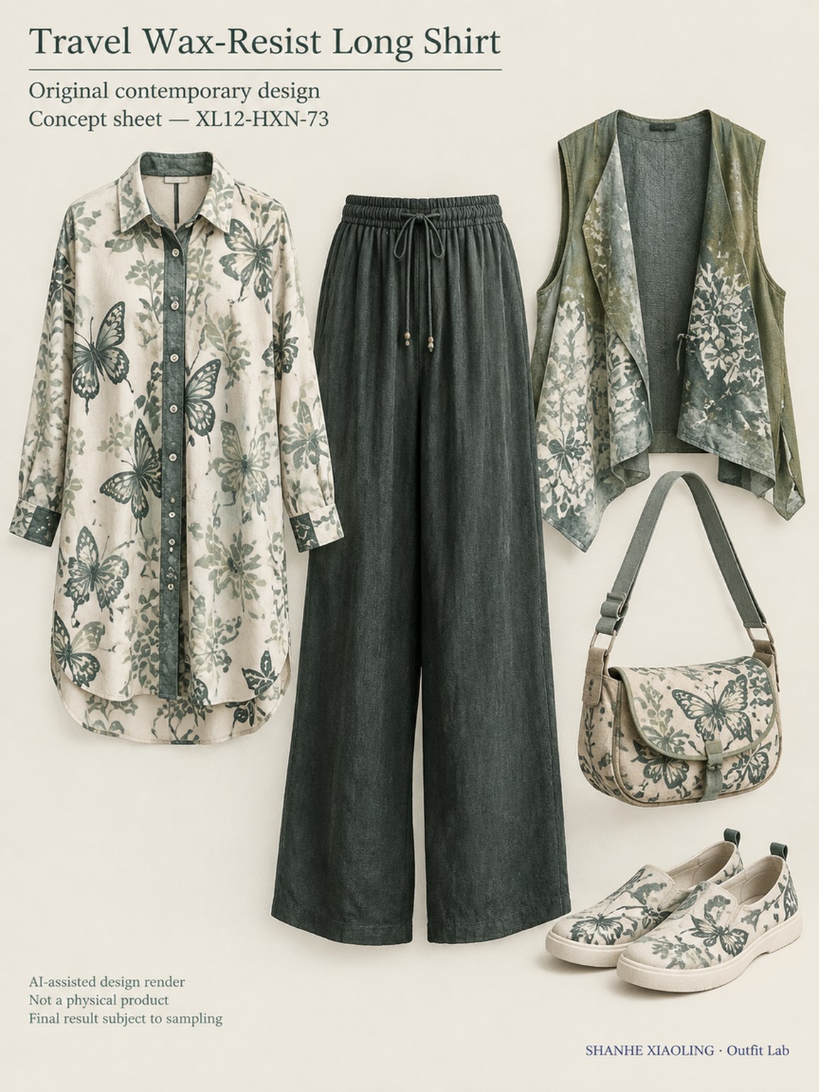 Travel Wax-Resist Long Shirt — Woven · Embroidery · Quilted · Mixed — Embroidery thread · ground cloth · Cotton-linen · Wool · Twill · Yarn + cloth · Quilted cotton · Wadding