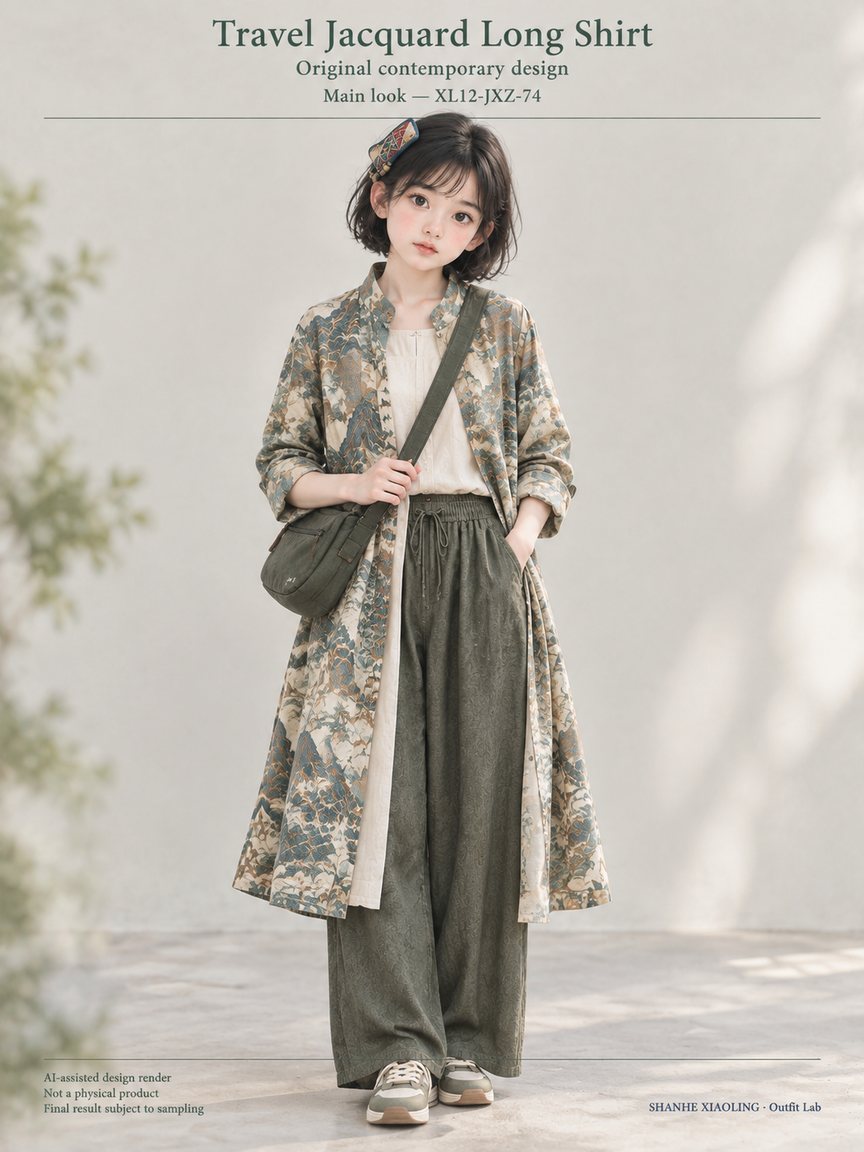 Travel Jacquard Long Shirt — Woven · Lace/Gauze · Embroidery — Embroidery thread · ground cloth · Cotton-linen · Wool · Twill · Lace · Gauze
