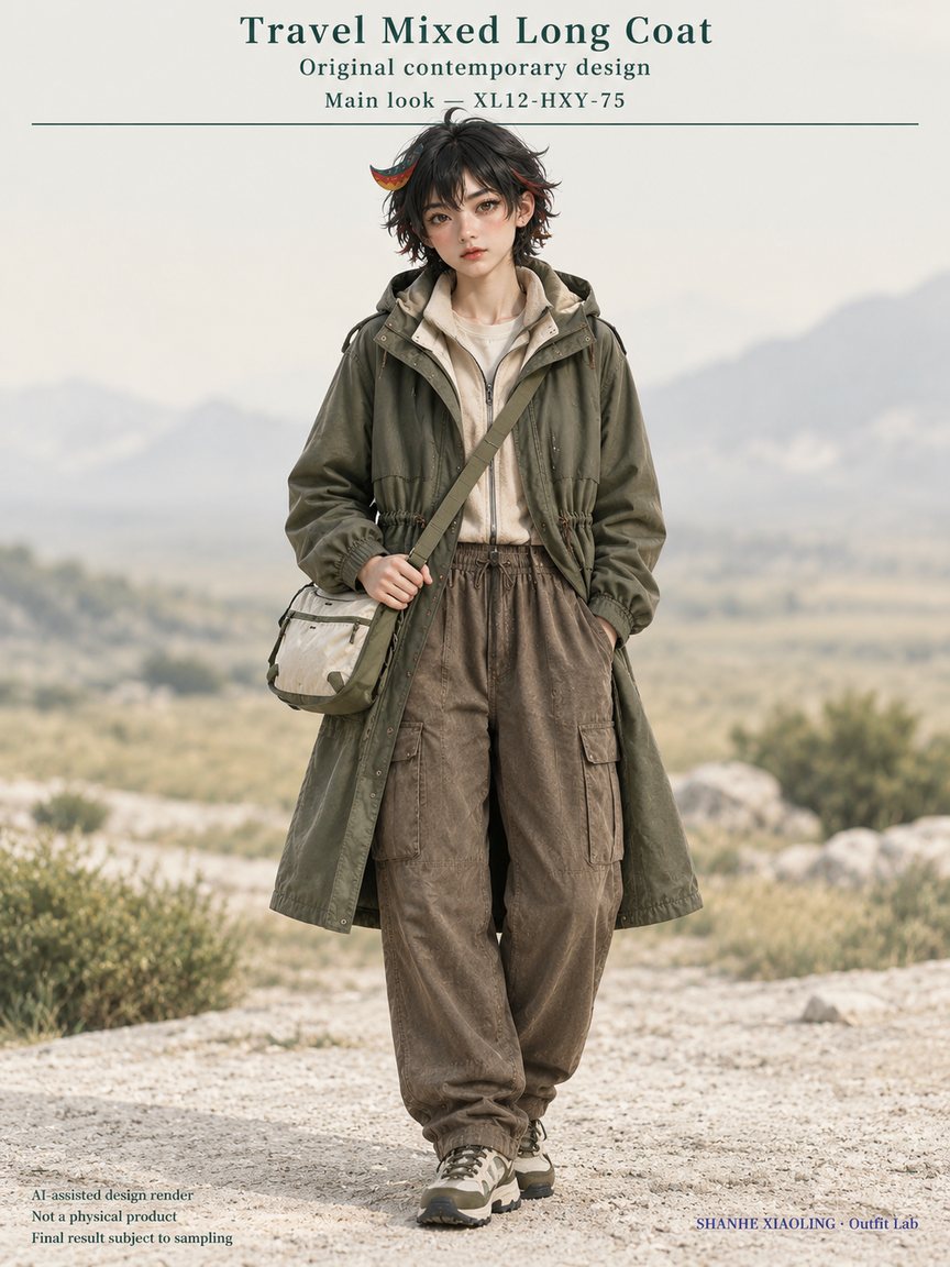 Travel Mixed Long Coat — Woven · Quilted · Mixed — Cotton-linen · Wool · Twill · Yarn + cloth · Quilted cotton · Wadding
