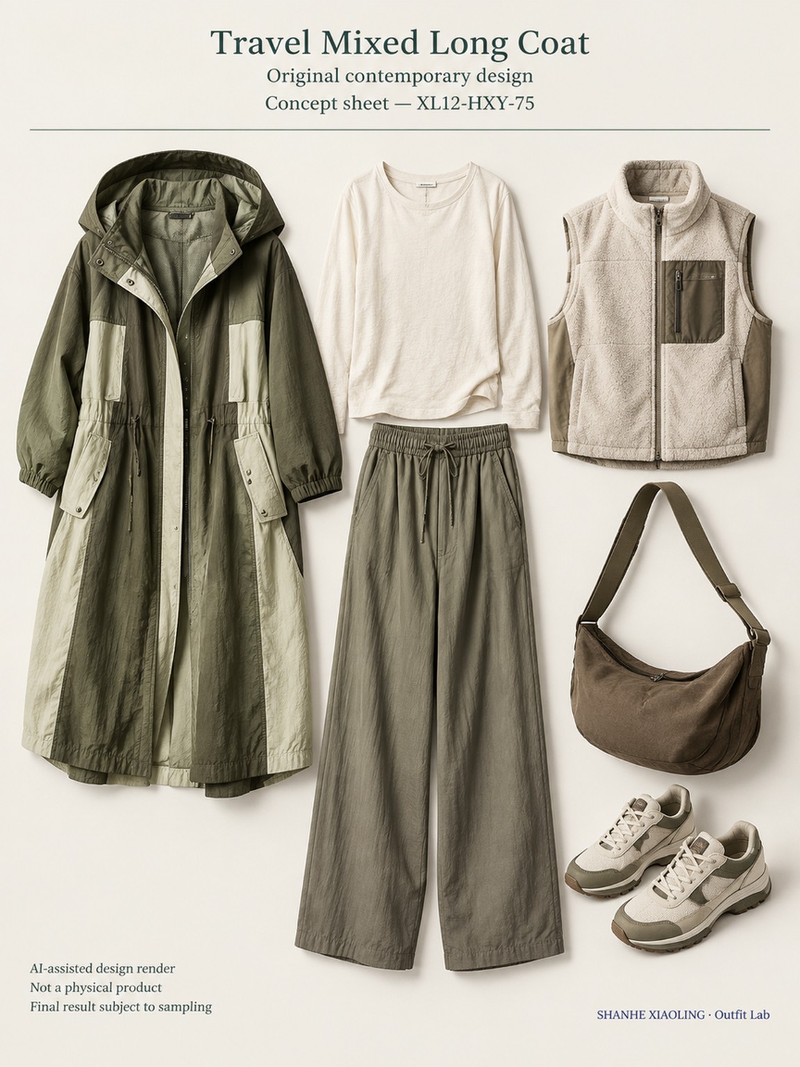 Travel Mixed Long Coat — Woven · Quilted · Mixed — Cotton-linen · Wool · Twill · Yarn + cloth · Quilted cotton · Wadding