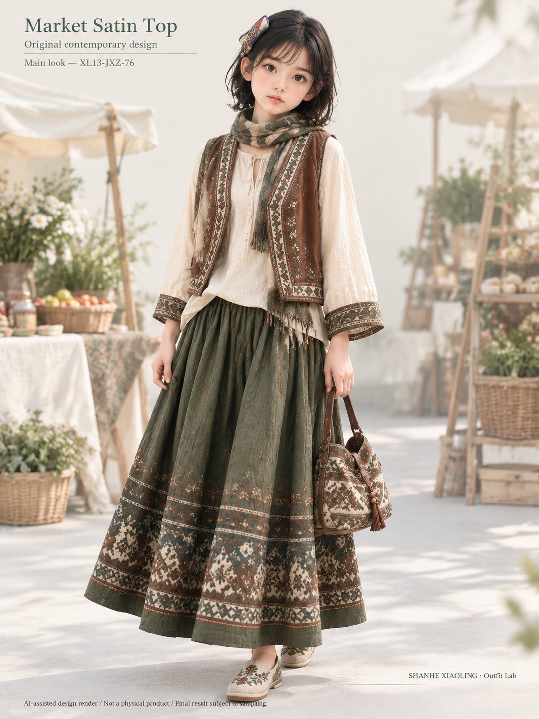 Market Satin Top — Woven · Embroidery · Mixed — Embroidery thread · ground cloth · Cotton-linen · Wool · Twill · Yarn + cloth