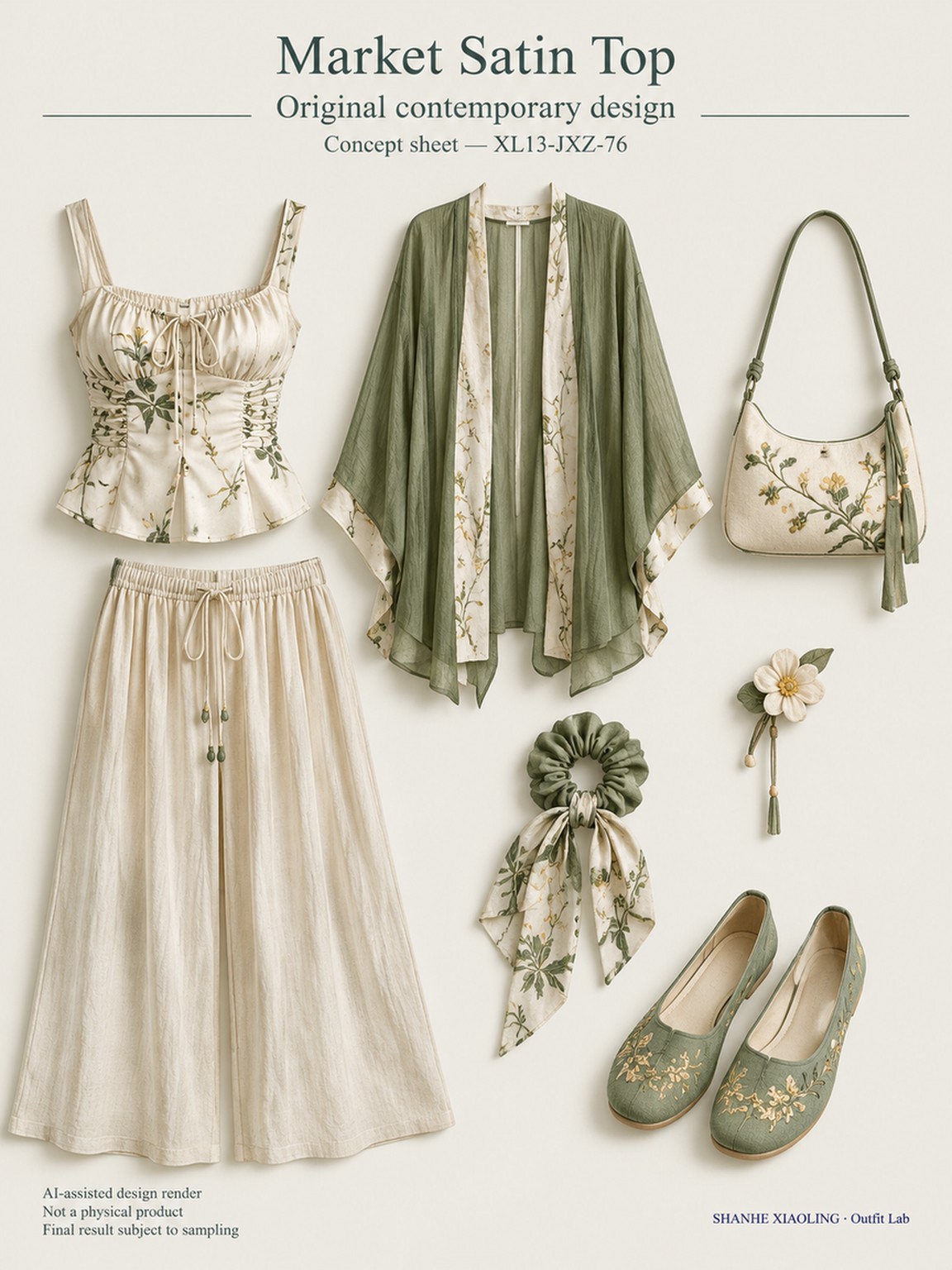 Market Satin Top — Woven · Embroidery · Mixed — Embroidery thread · ground cloth · Cotton-linen · Wool · Twill · Yarn + cloth