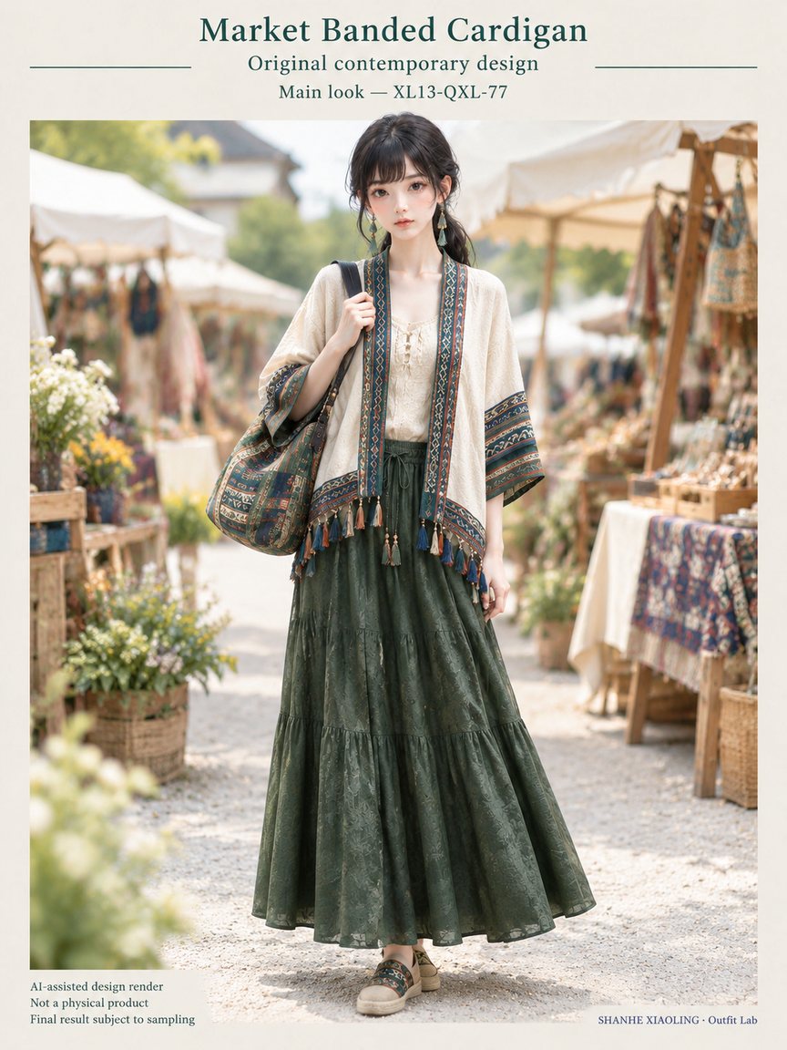 Market Banded Cardigan — Woven · Embroidery — Cotton-linen · Wool · Twill · Embroidery thread · ground cloth