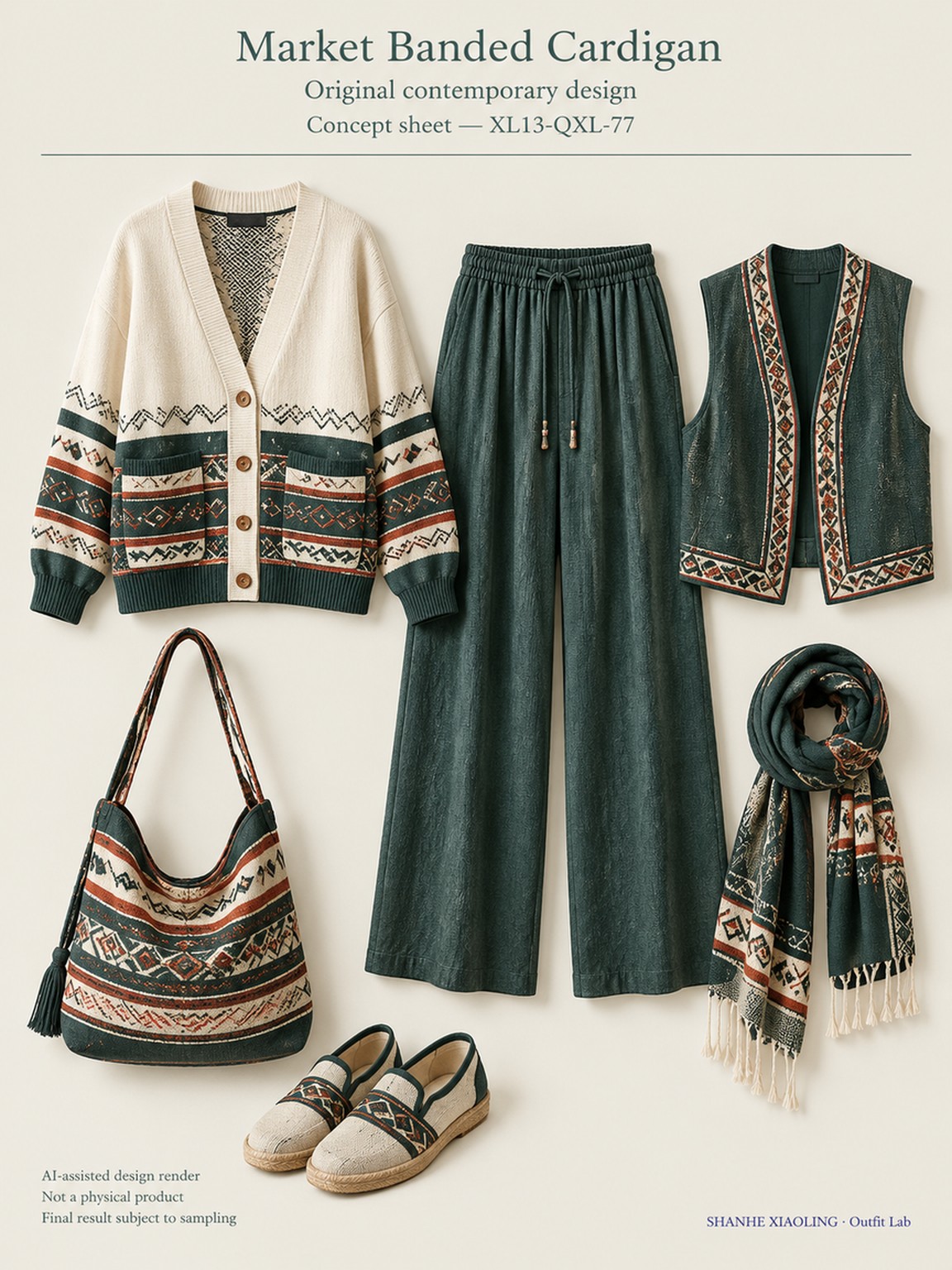 Market Banded Cardigan — Woven · Embroidery — Cotton-linen · Wool · Twill · Embroidery thread · ground cloth