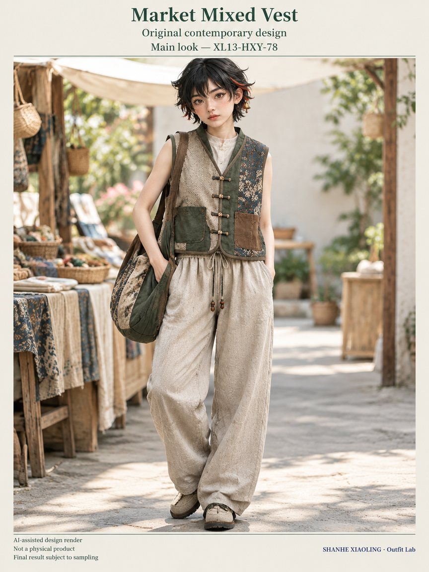 Market Mixed Vest — Woven · Quilted · Mixed — Yarn + cloth · Cotton-linen · Wool · Twill · Quilted cotton · Wadding