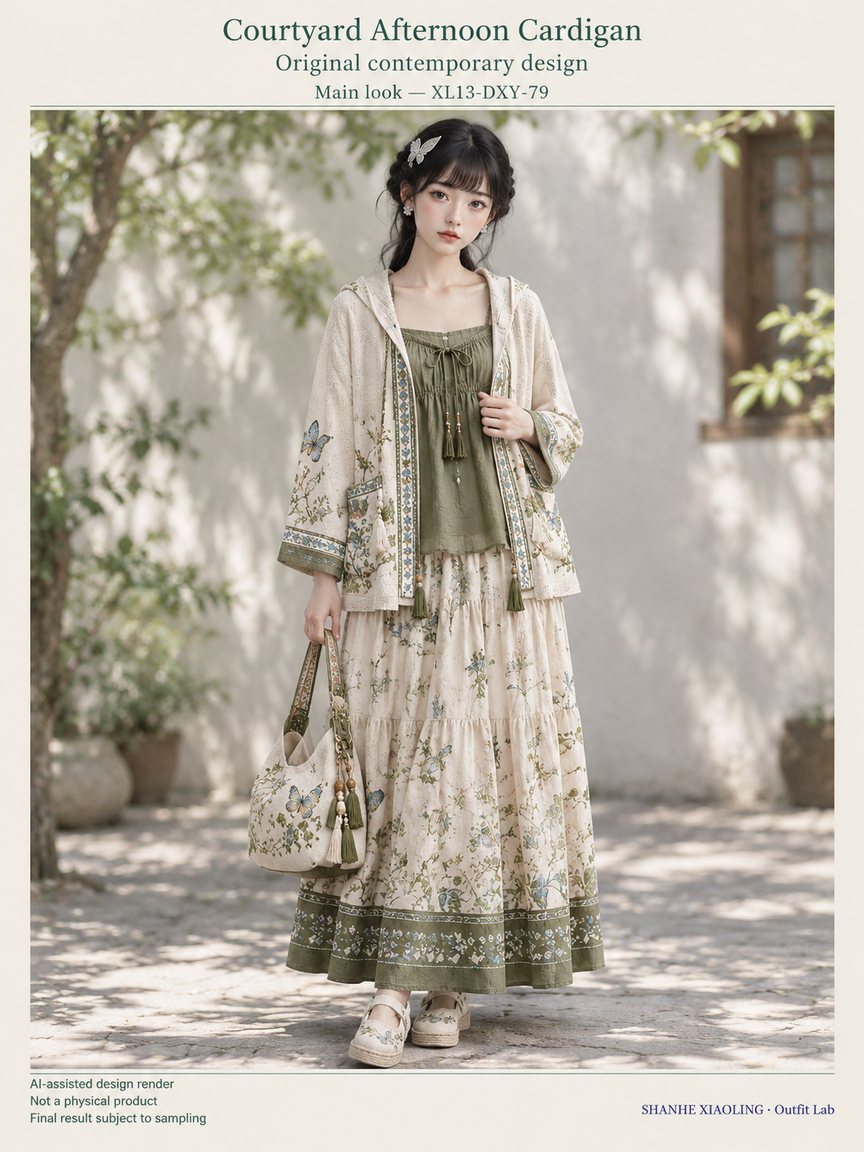 Courtyard Afternoon Cardigan — Woven · Embroidery · Mixed — Cotton-linen · Wool · Twill · Yarn + cloth · Embroidery thread · ground cloth