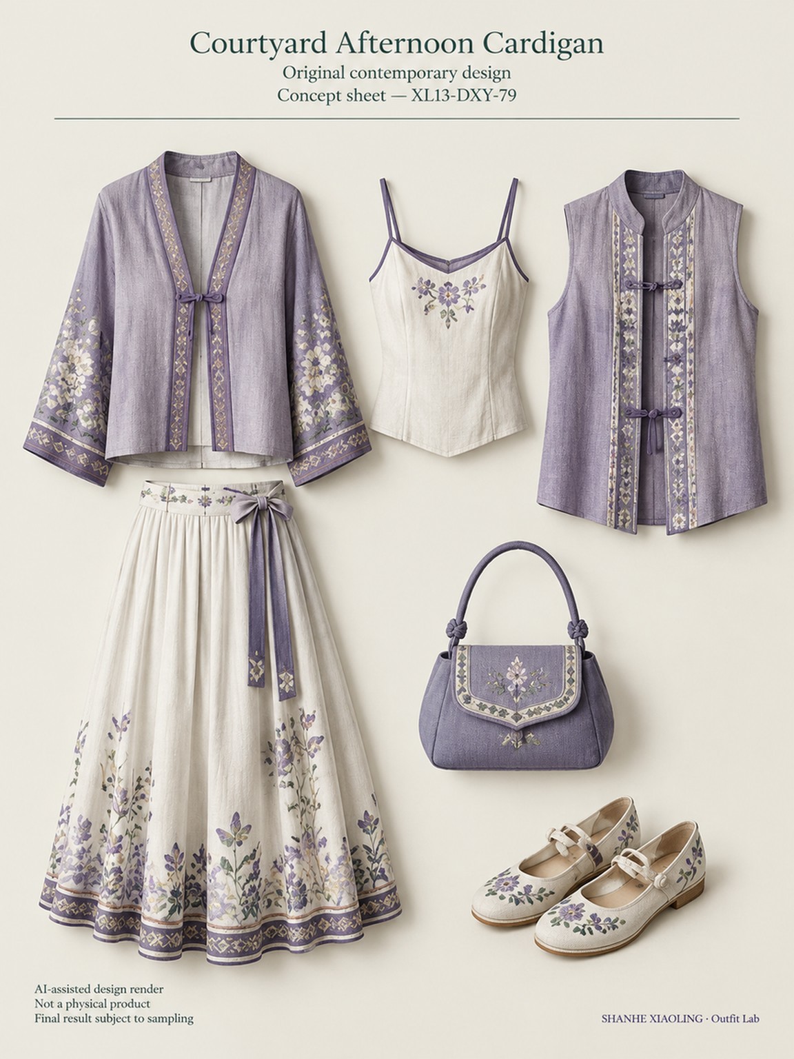 Courtyard Afternoon Cardigan — Woven · Embroidery · Mixed — Cotton-linen · Wool · Twill · Yarn + cloth · Embroidery thread · ground cloth