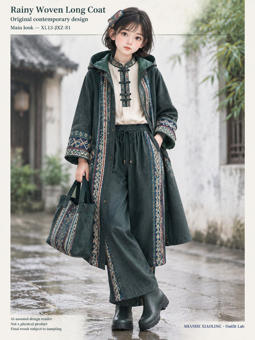 Rainy Woven Long Coat — Woven · Embroidery · Quilted · Mixed — Cotton-linen · Wool · Twill · Yarn + cloth · Embroidery thread · ground cloth · Quilted cotton · Wadding