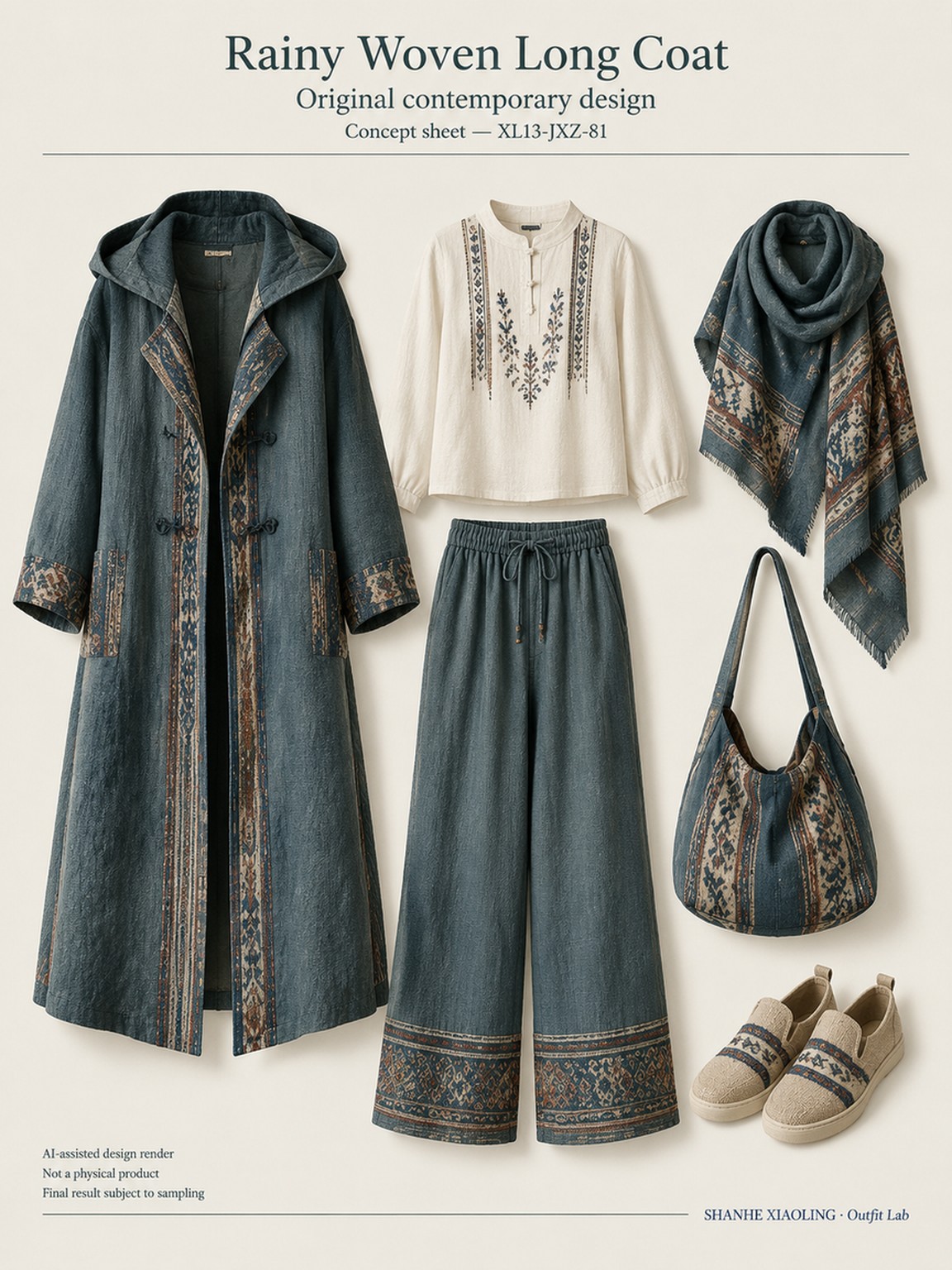 Rainy Woven Long Coat — Woven · Embroidery · Quilted · Mixed — Cotton-linen · Wool · Twill · Yarn + cloth · Embroidery thread · ground cloth · Quilted cotton · Wadding