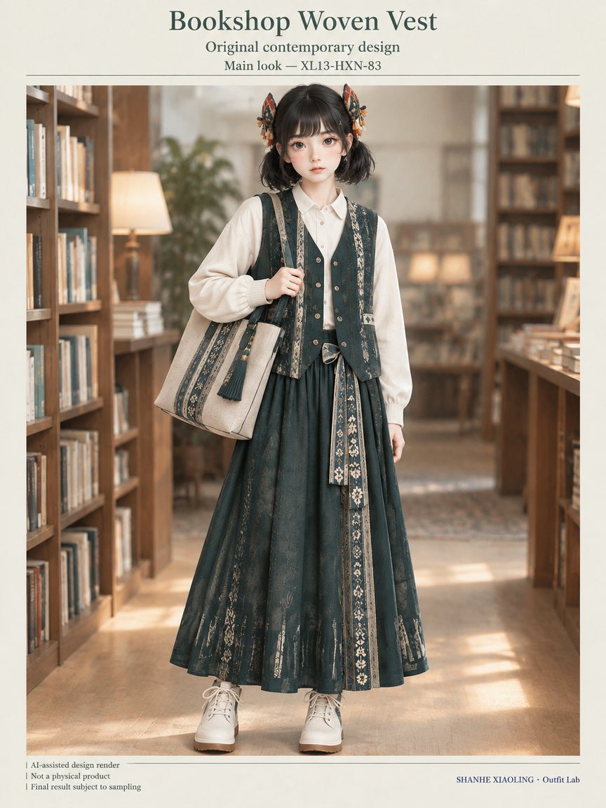 Bookshop Woven Vest — Woven · Embroidery · Mixed — Yarn + cloth · Cotton-linen · Wool · Twill · Embroidery thread · ground cloth