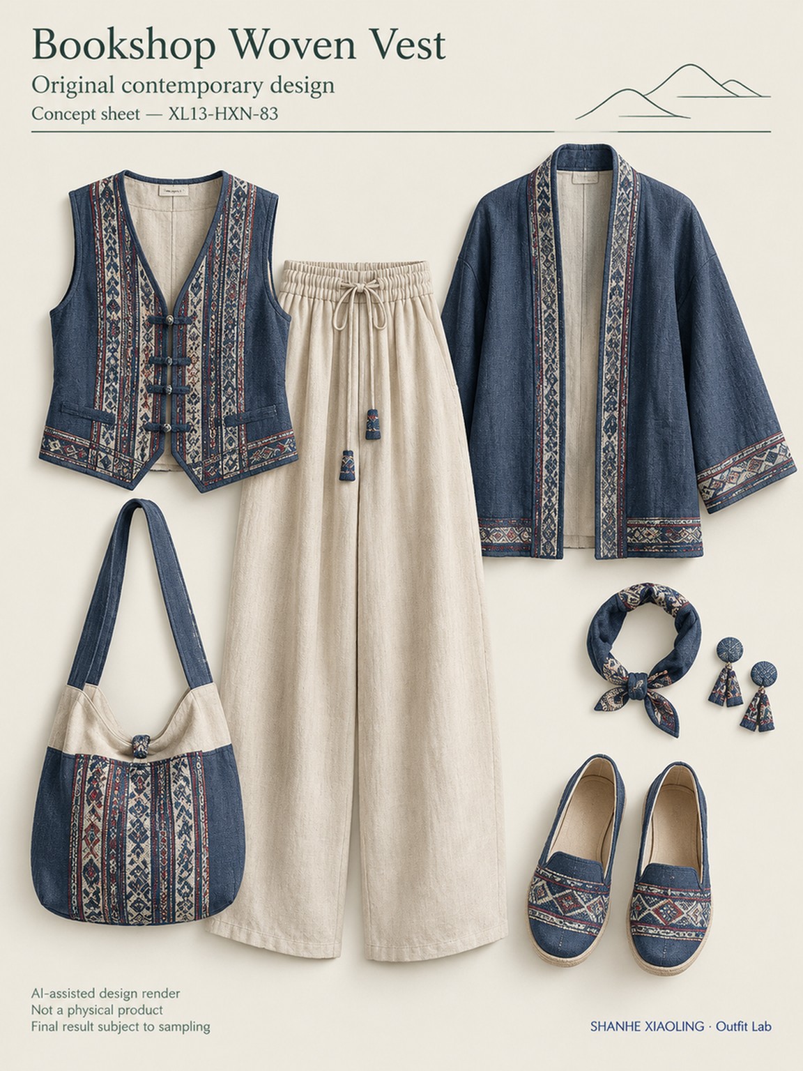 Bookshop Woven Vest — Woven · Embroidery · Mixed — Yarn + cloth · Cotton-linen · Wool · Twill · Embroidery thread · ground cloth